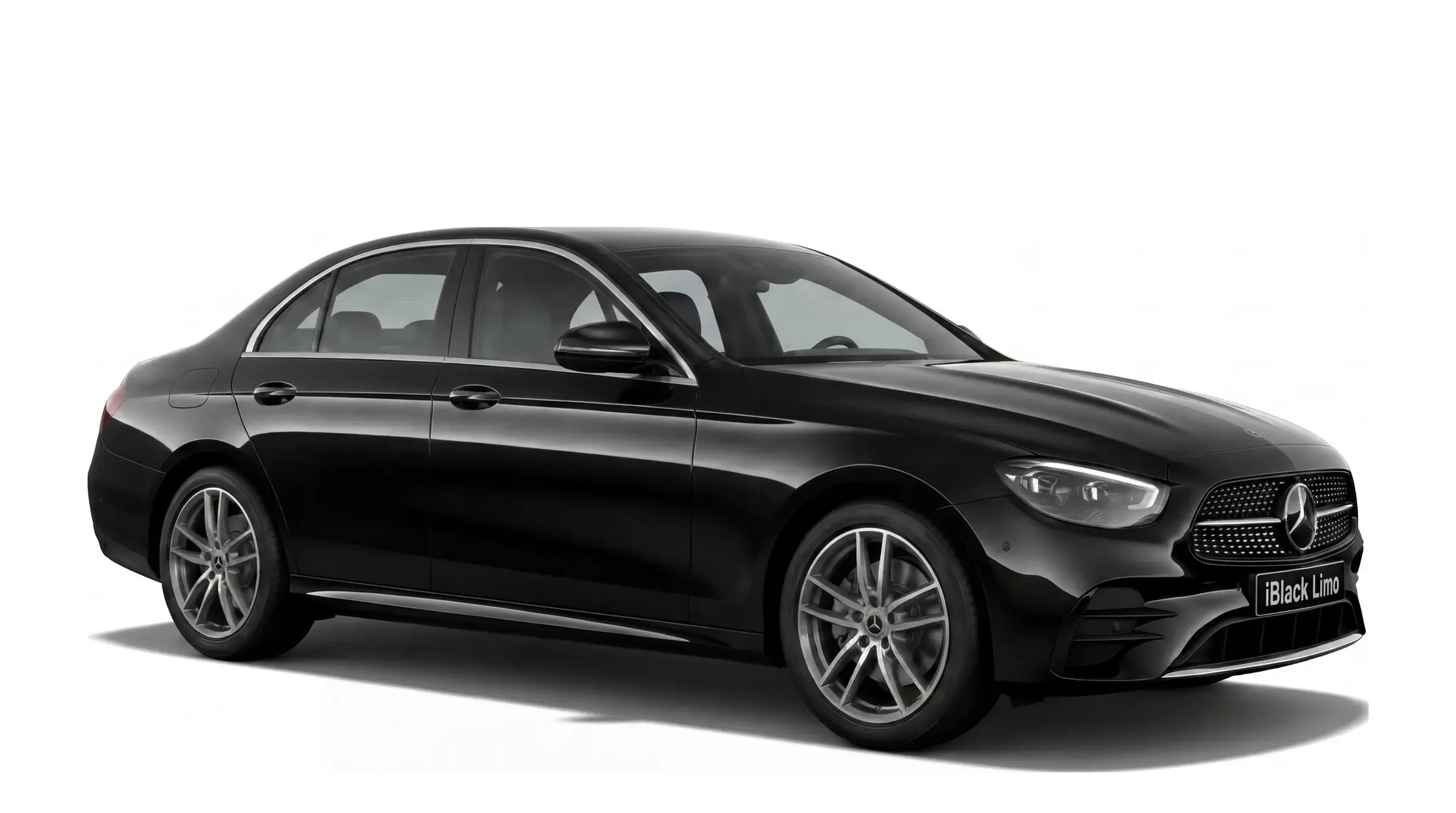 Black Mercedes-Benz E-Class luxury sedan, angled side view on white, facing right