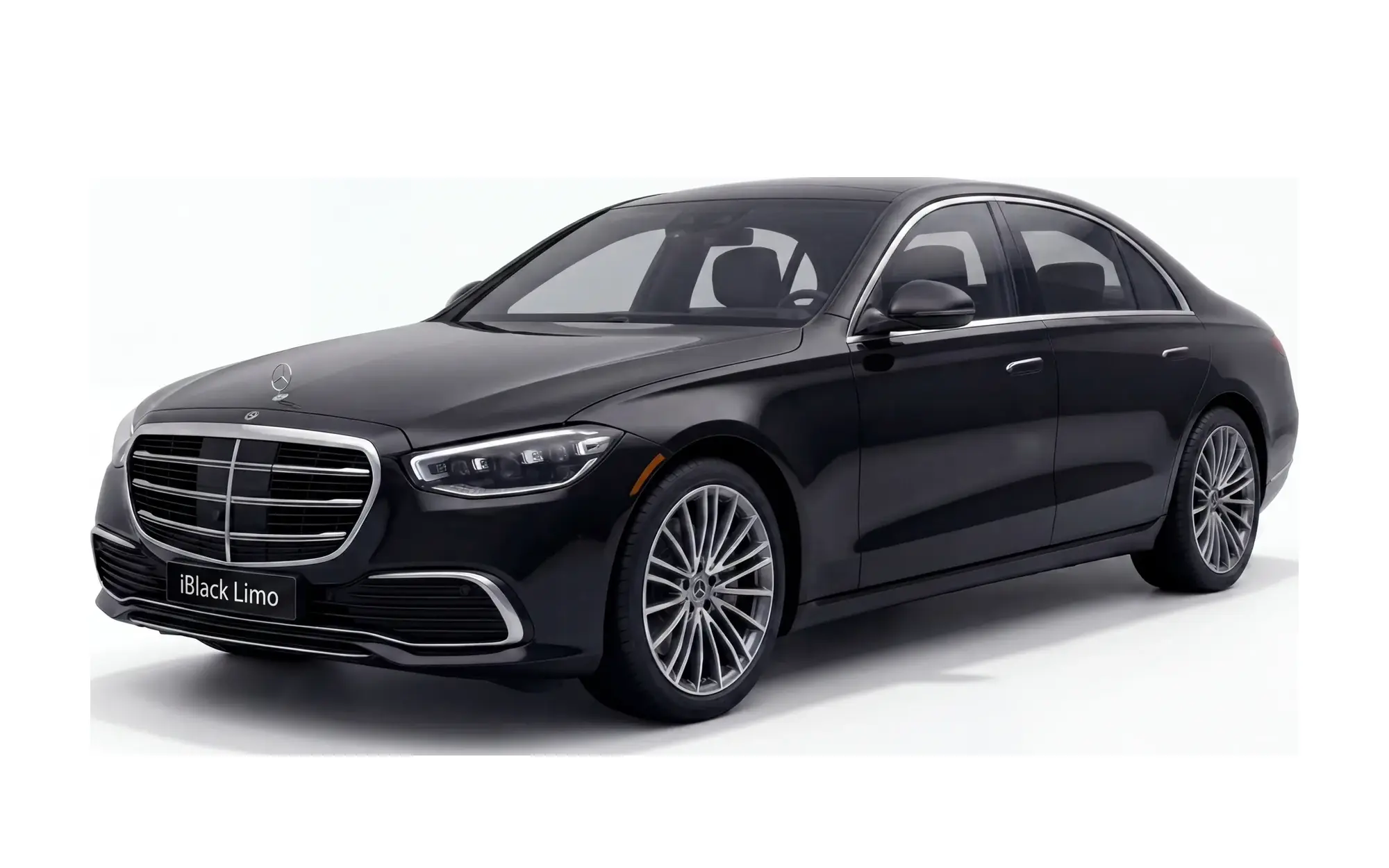 Black Mercedes-Benz S-Class flagship sedan, front three-quarter studio view on white