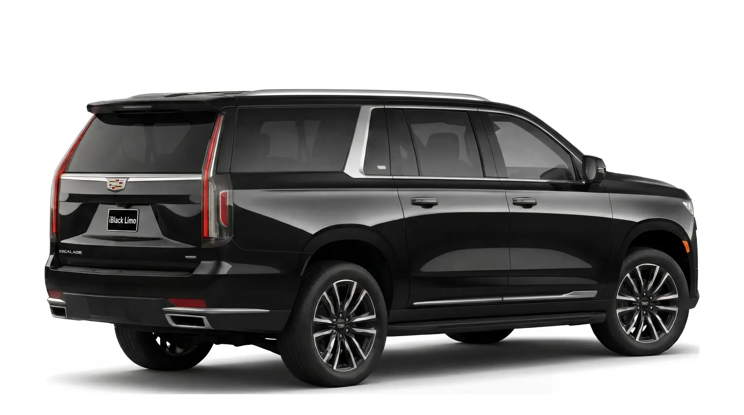 Black Cadillac Escalade ESV luxury SUV, rear three-quarter studio view on white