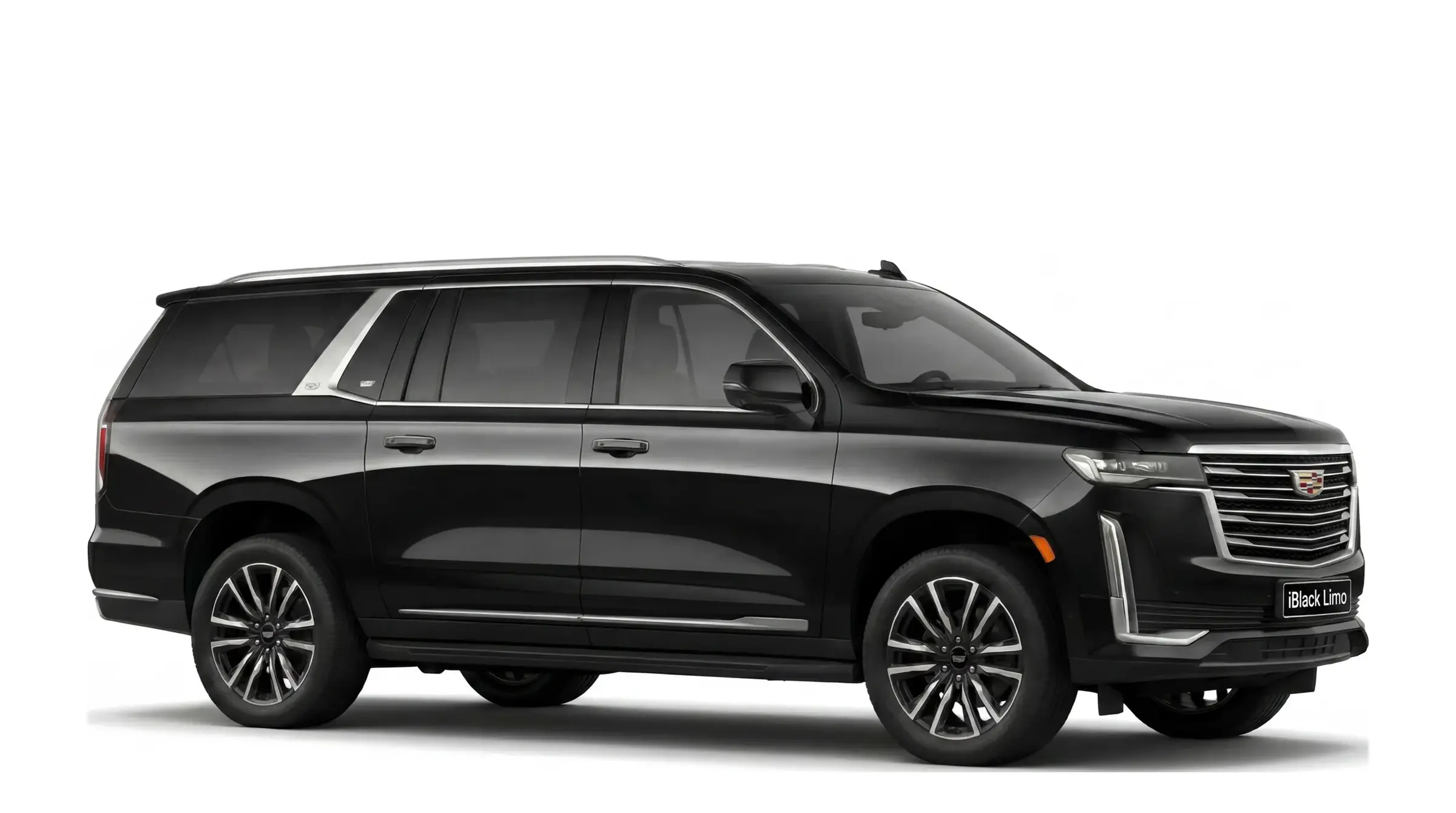 Black Cadillac Escalade ESV luxury SUV, angled side view on white, facing right