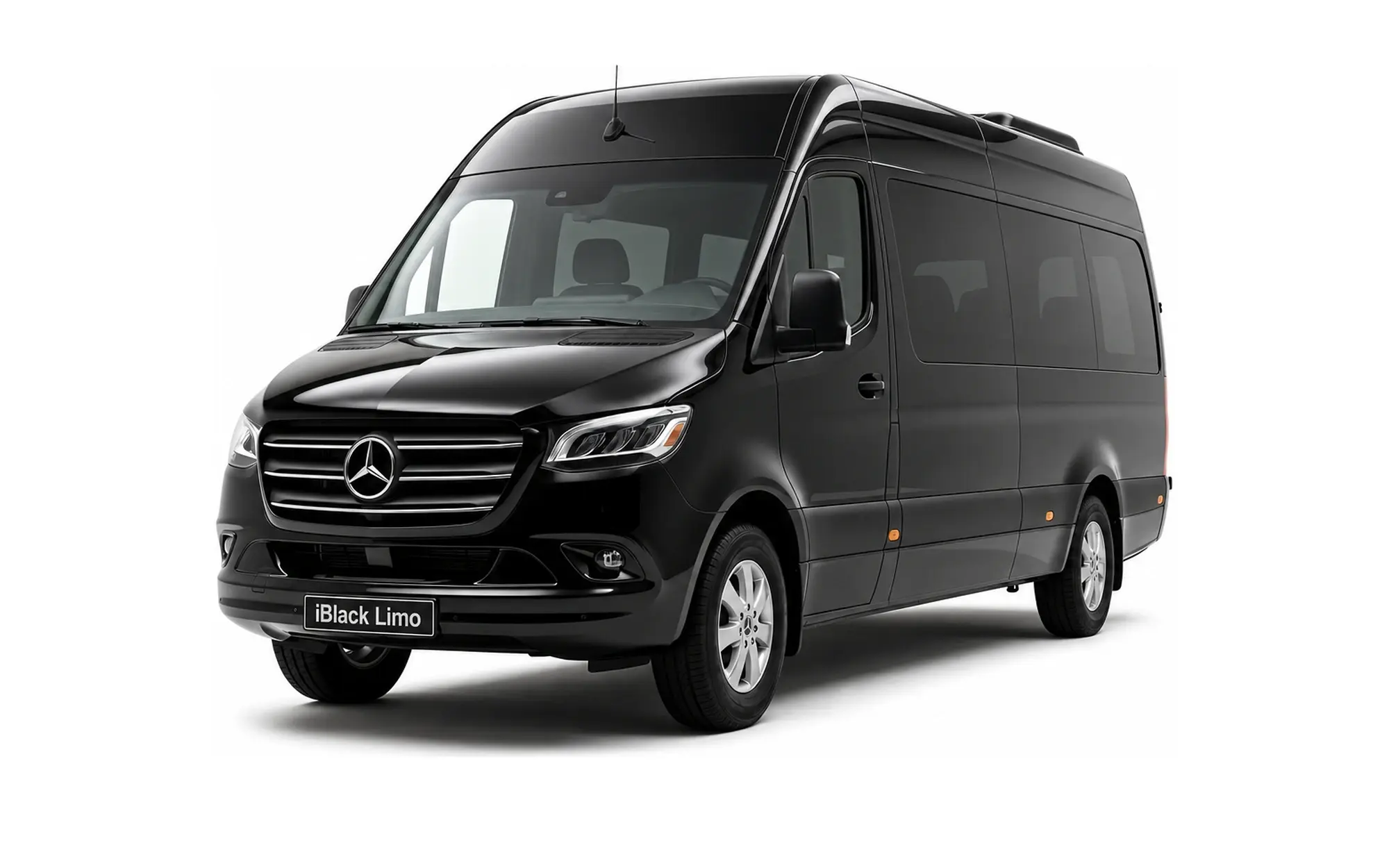 Black Mercedes-Benz Sprinter luxury van, front three-quarter studio view on white with iBlack Limo plate