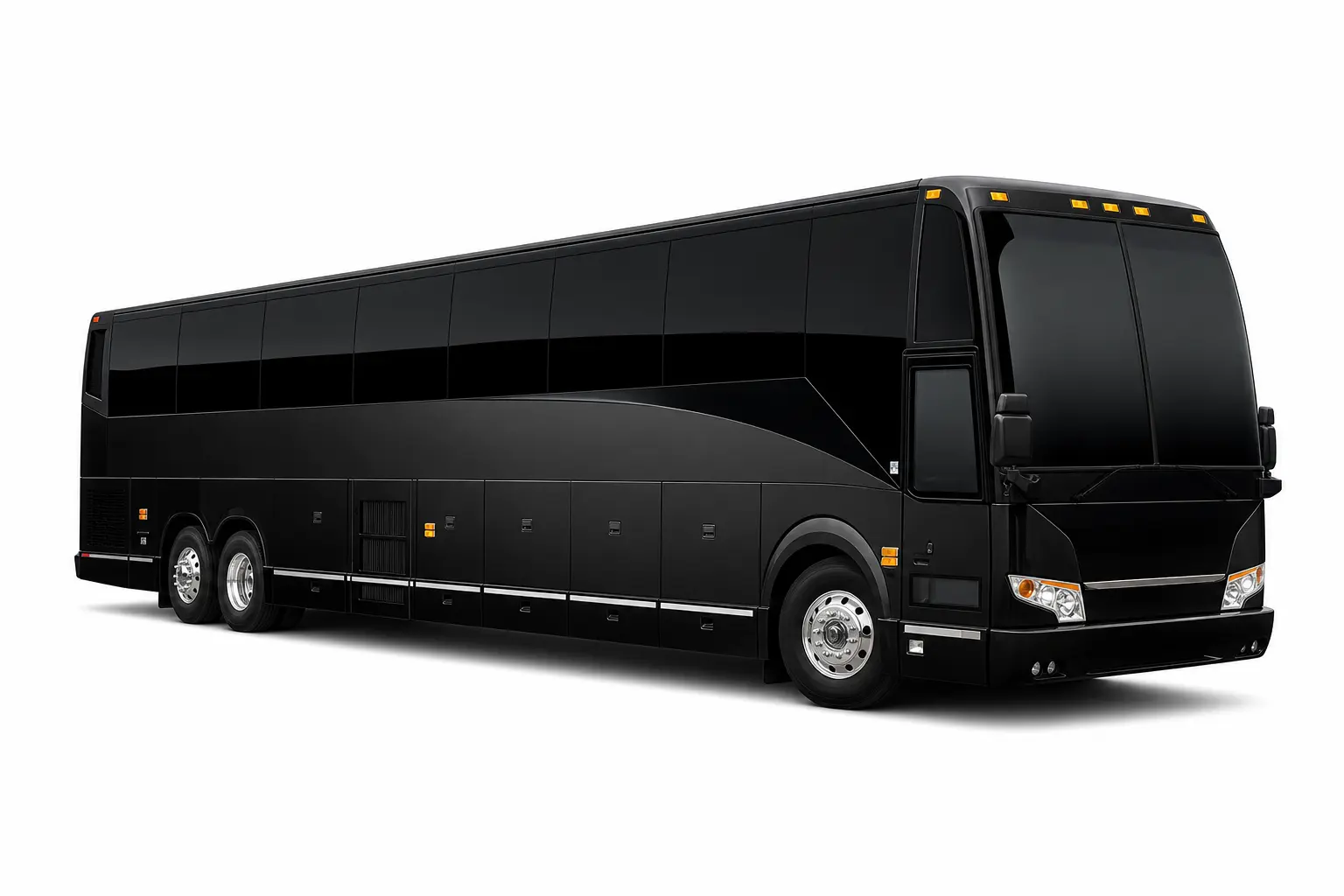 Black full-size luxury motor coach, angled side view on white, facing right