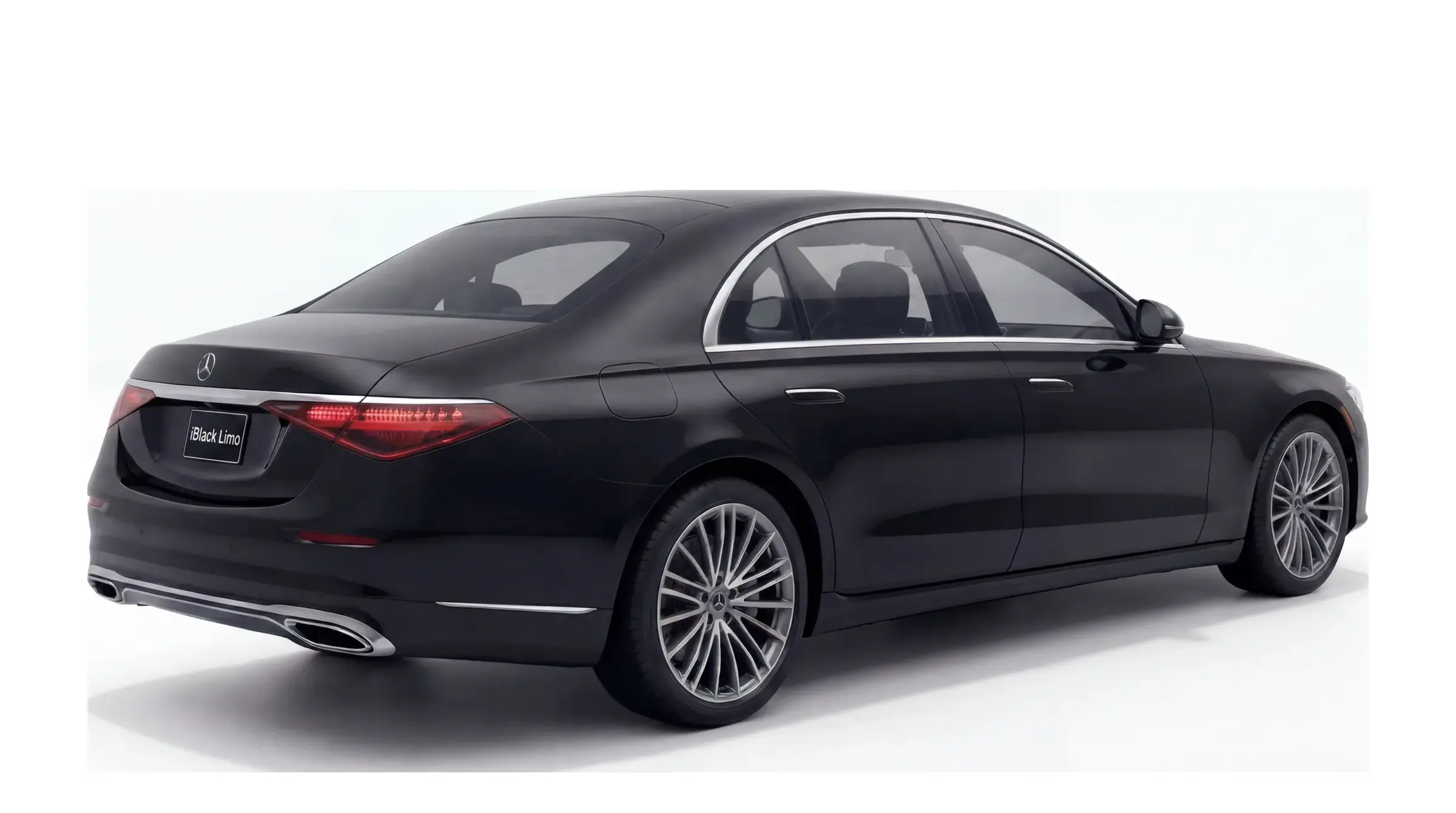 Black Mercedes-Benz S-Class flagship sedan, rear three-quarter studio view on white