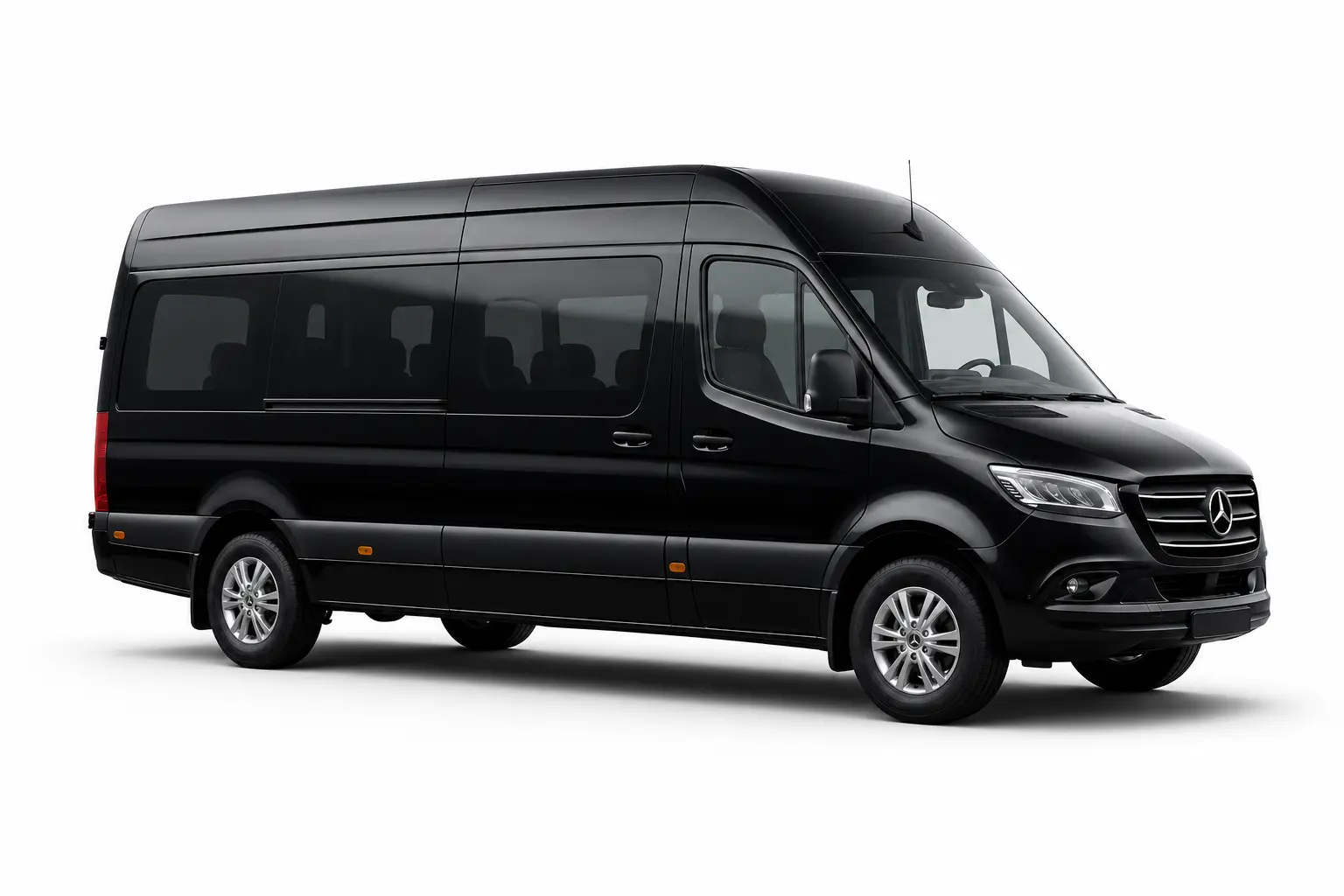 Black Mercedes-Benz Sprinter luxury van, angled side view on white, facing right