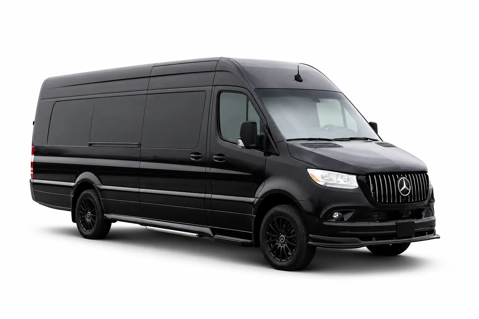 Black Mercedes-Benz Sprinter limousine van, angled side view on white, facing right