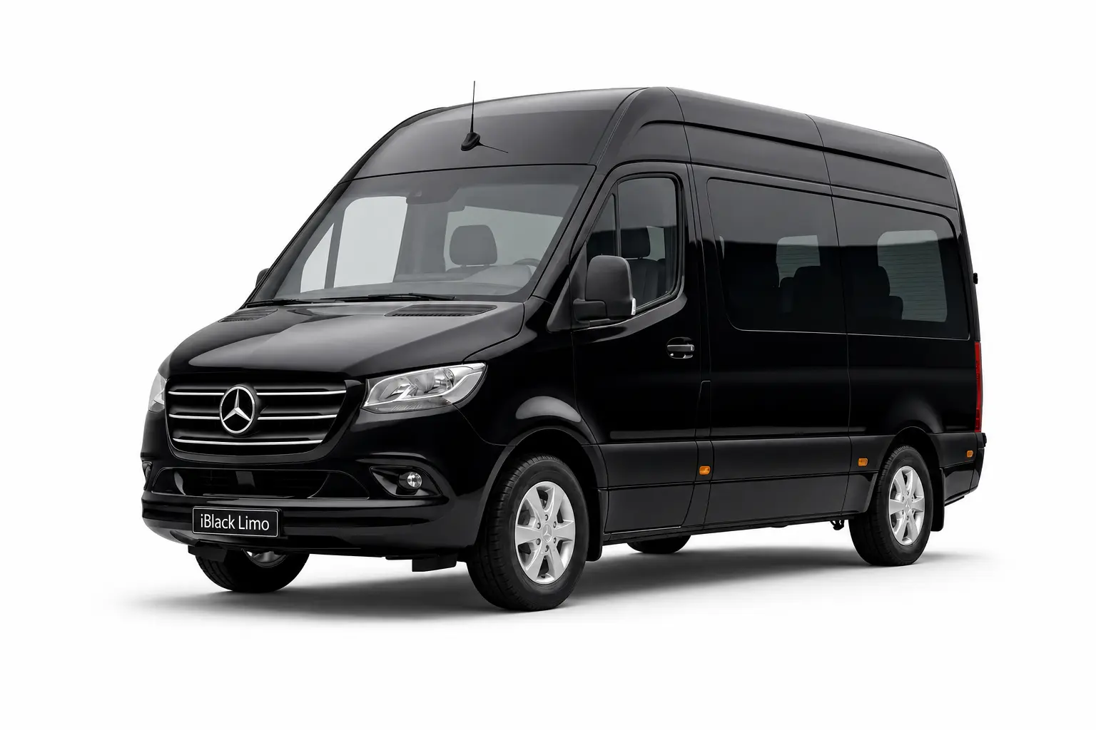 Black Mercedes-Benz Sprinter passenger van, front three-quarter studio view on white with iBlack Limo plate