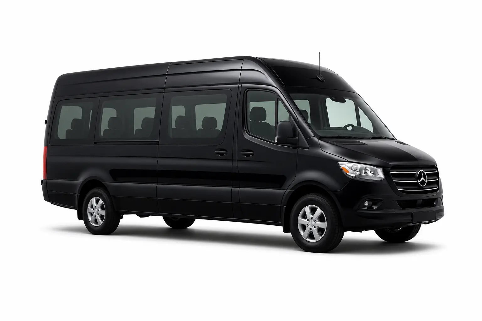 Black Mercedes-Benz Sprinter passenger van, angled side view on white, facing right