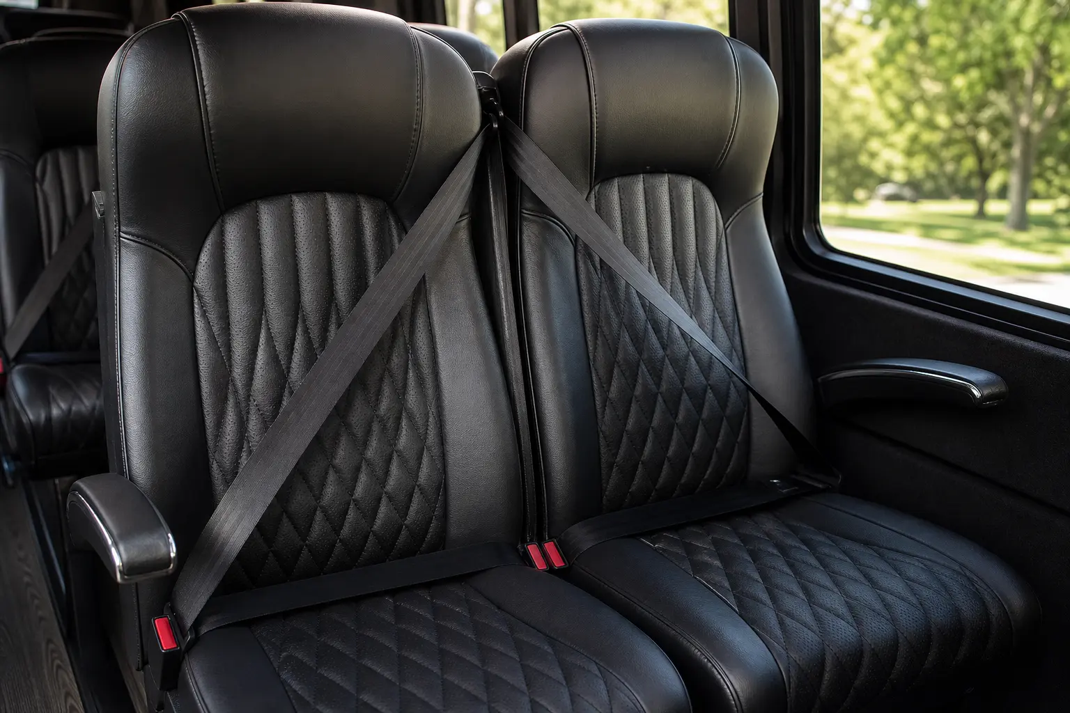 Grech GM33 mini coach seating detail — quilted black leather with chrome armrest