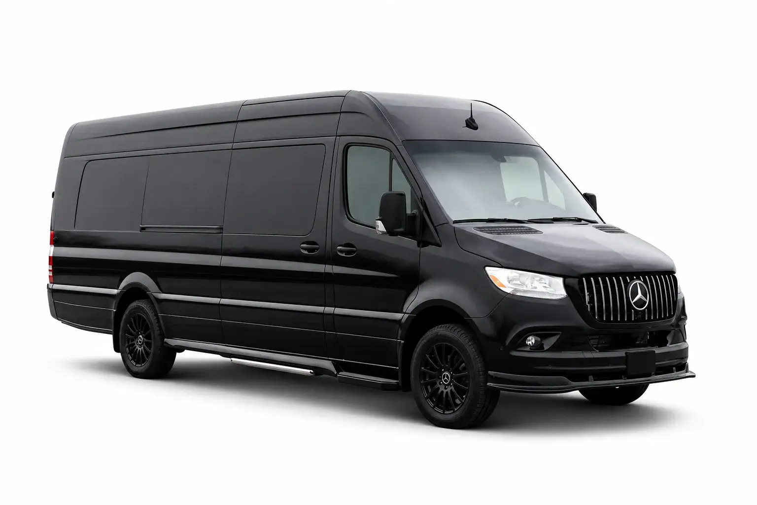 Black Mercedes-Benz Sprinter limousine van, angled side view on white, facing right