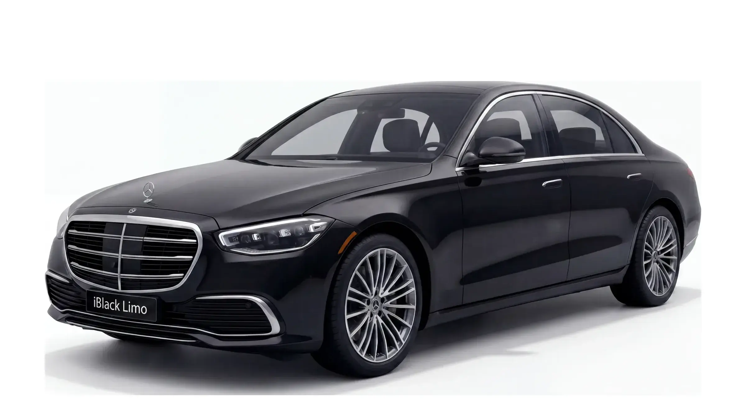Black Mercedes-Benz S-Class flagship sedan, front three-quarter studio view on white