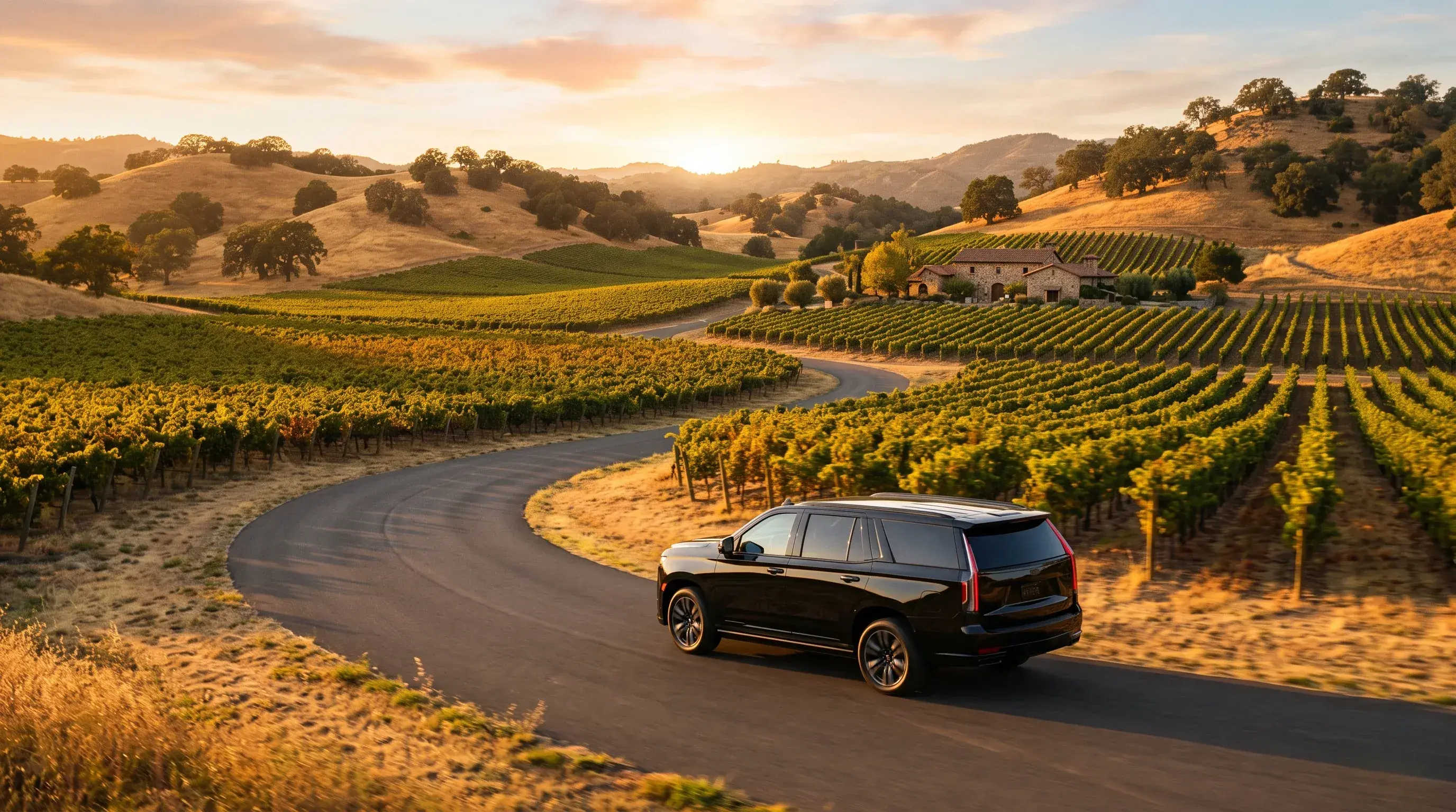 Black SUV on a vineyard road at golden hour