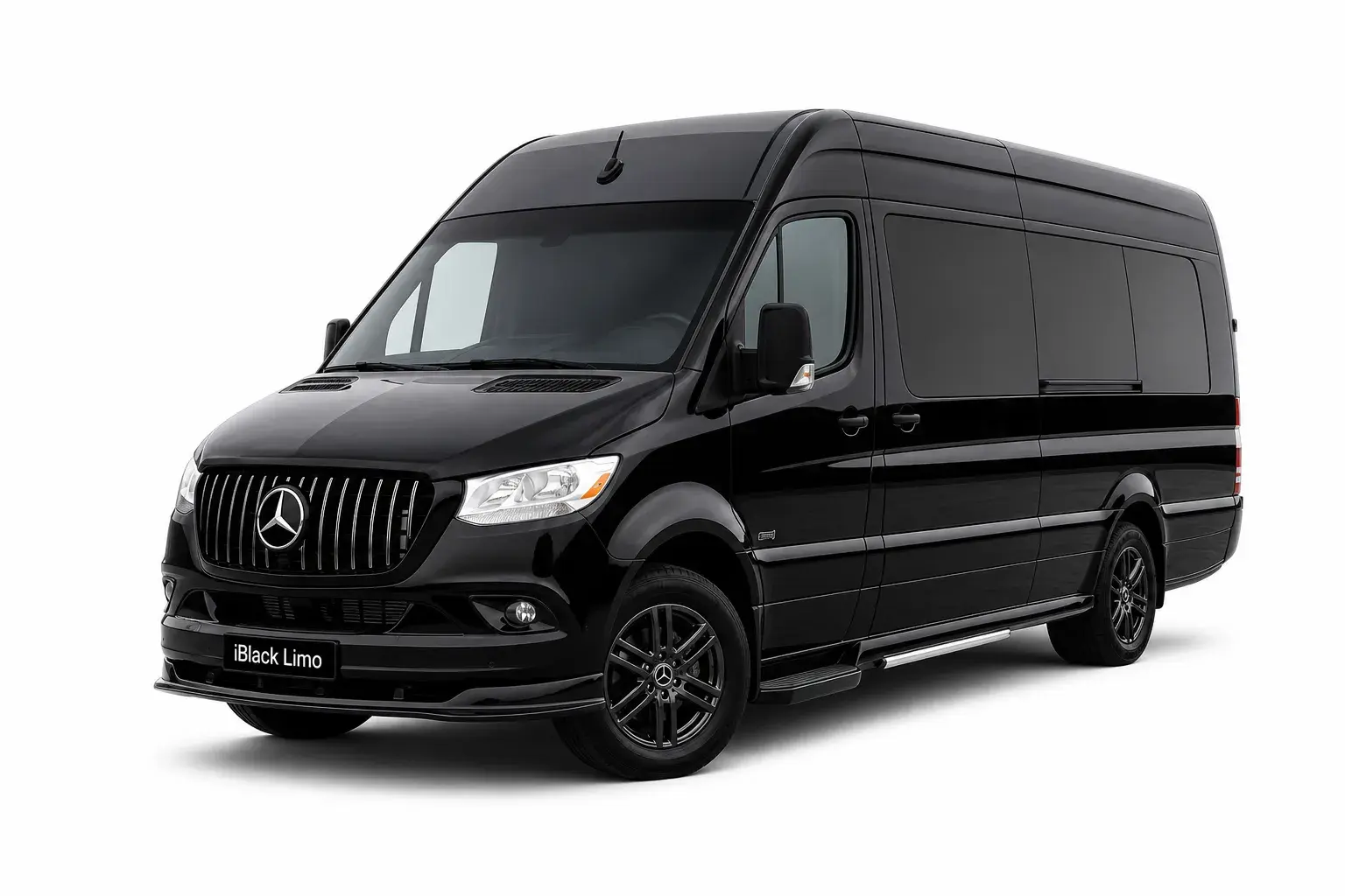 Black Mercedes-Benz Sprinter limousine van, front three-quarter studio view on white with iBlack Limo plate