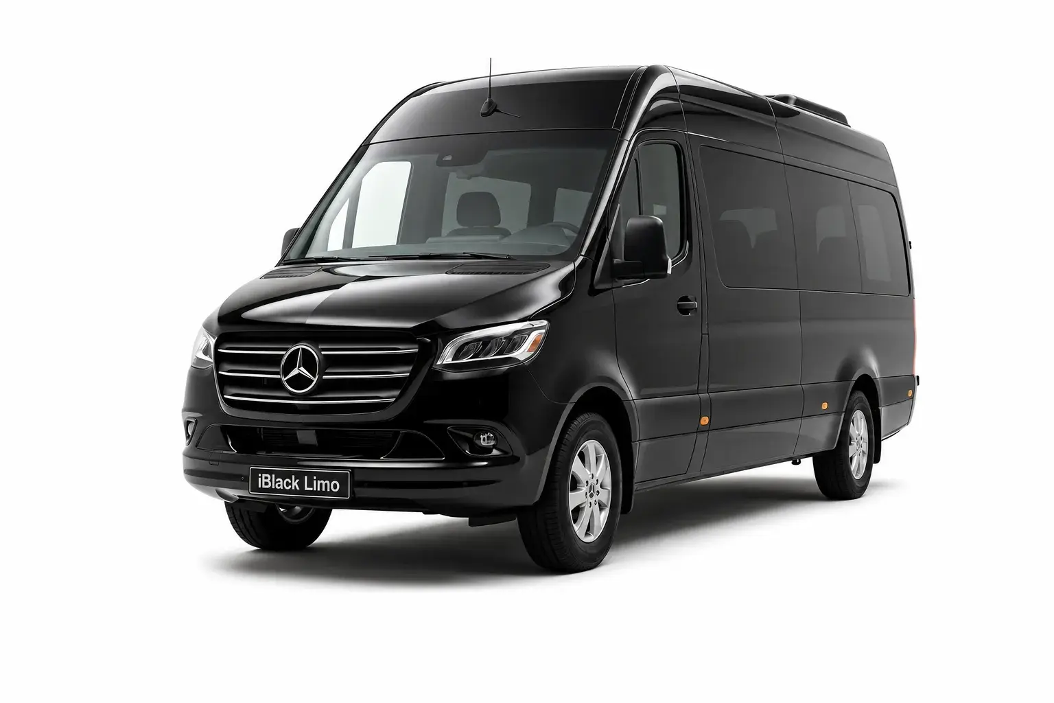 Black Mercedes-Benz Sprinter luxury van, front three-quarter studio view on white with iBlack Limo plate