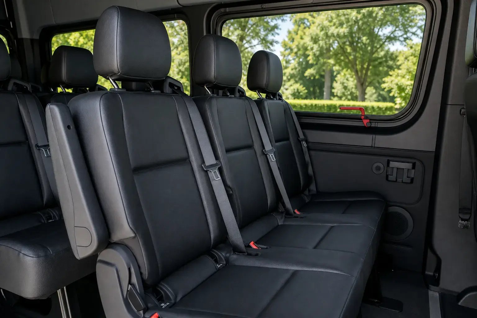 Mercedes-Benz Sprinter passenger van seat detail — black leather