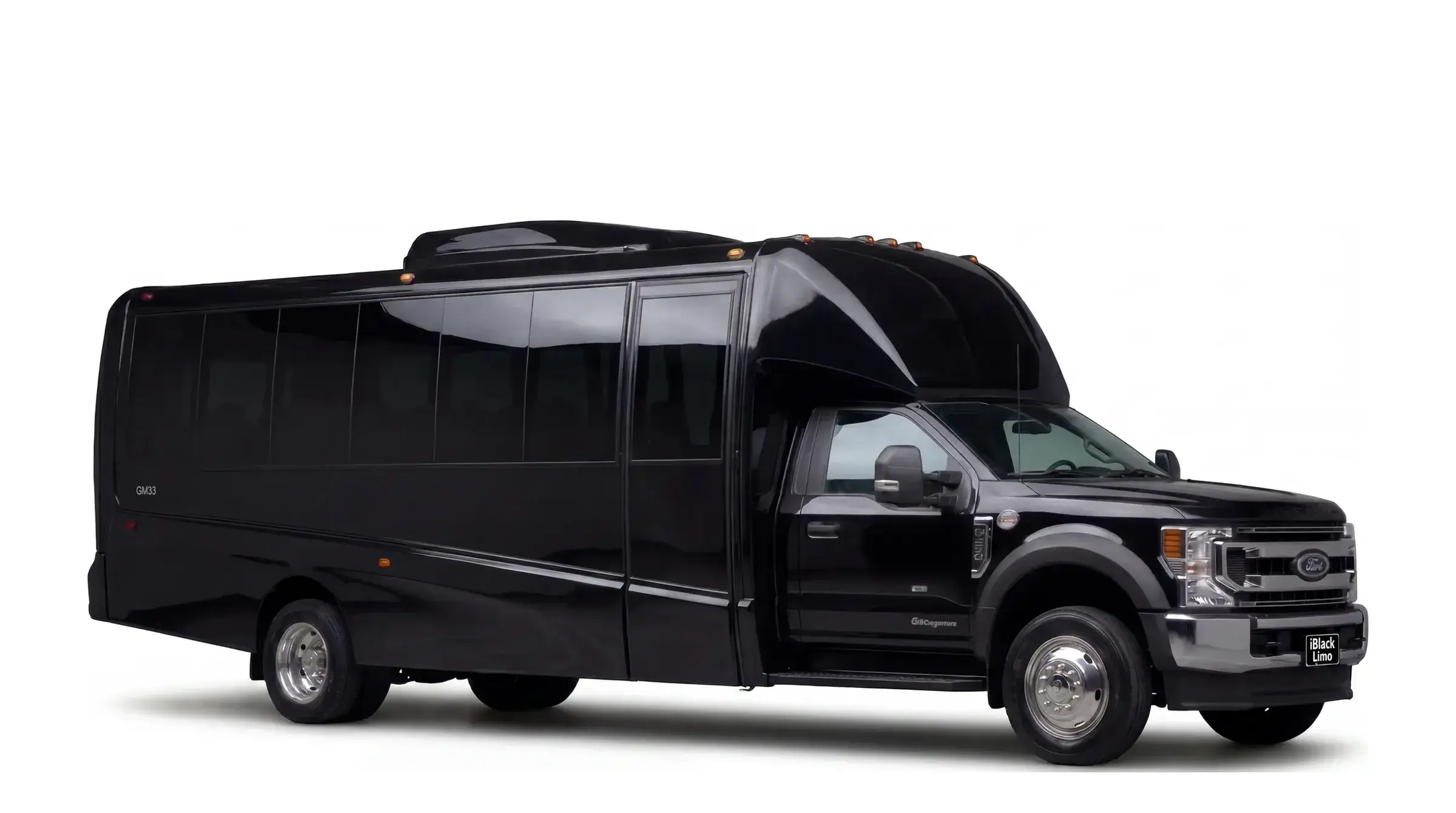 Black luxury mini coach, full side profile on white, facing right