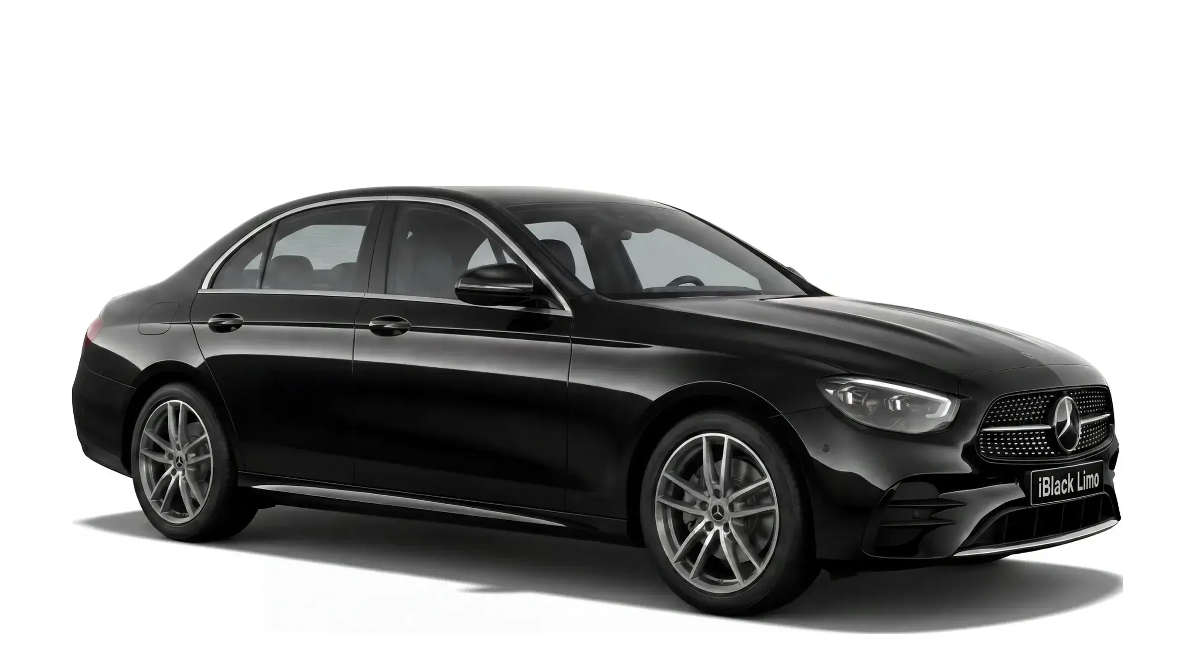 Black Mercedes-Benz E-Class luxury sedan, angled side view on white, facing right