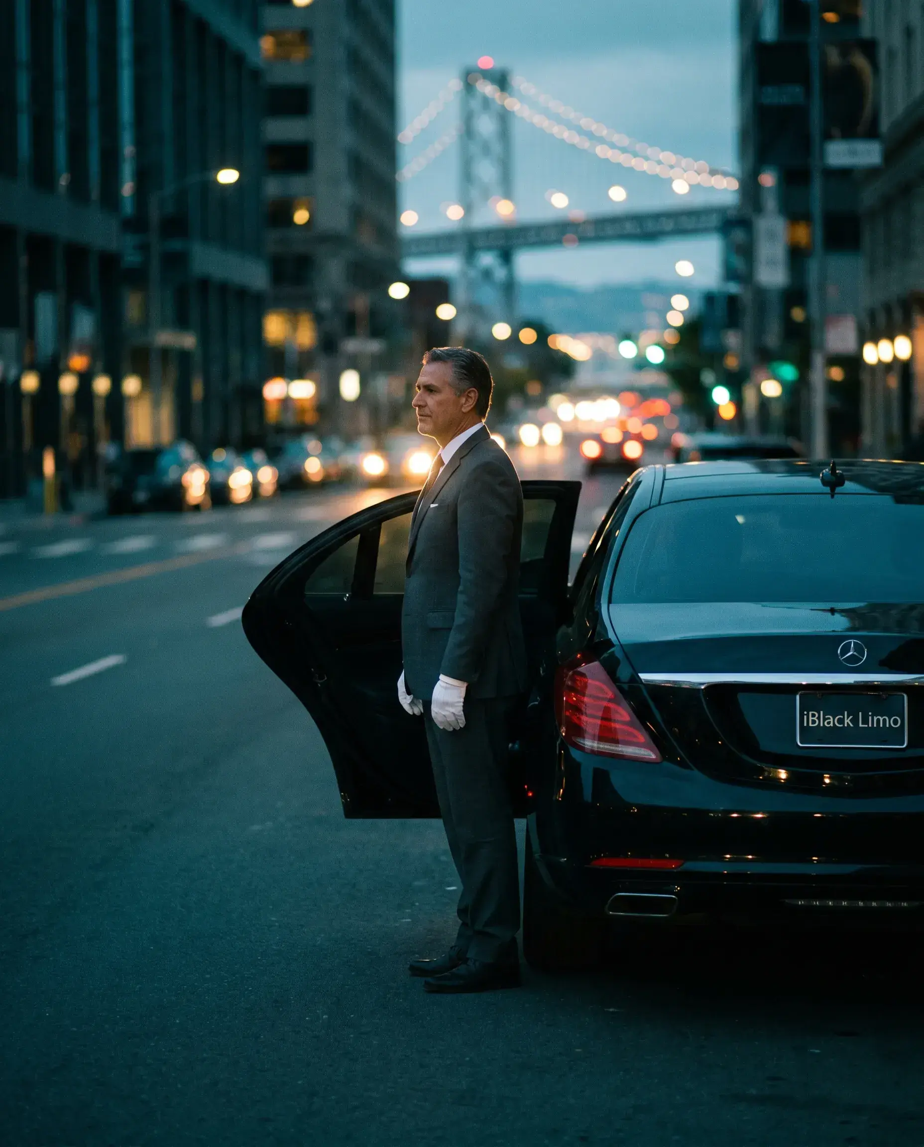 Professional chauffeur in a tailored suit beside the open rear door at dusk
