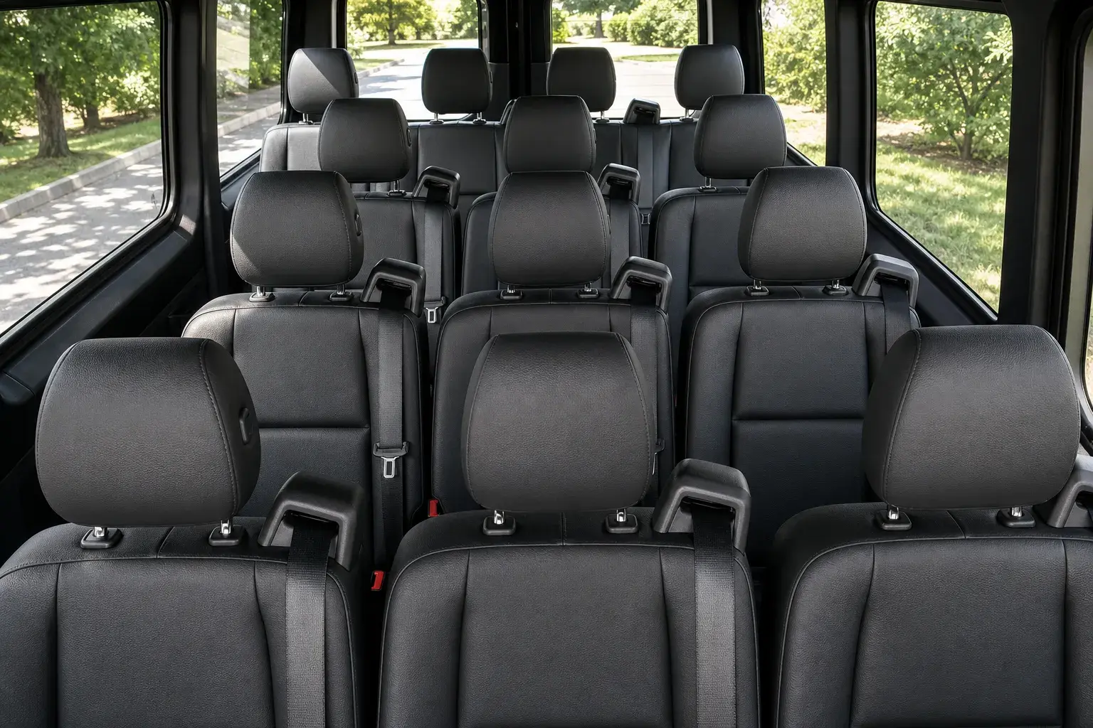 Mercedes-Benz Sprinter passenger van passenger cabin — black leather seating, bright neutral interior
