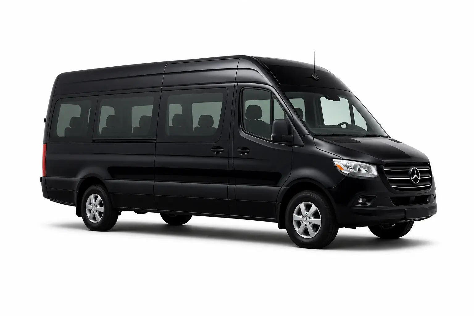 Black Mercedes-Benz Sprinter passenger van, angled side view on white, facing right