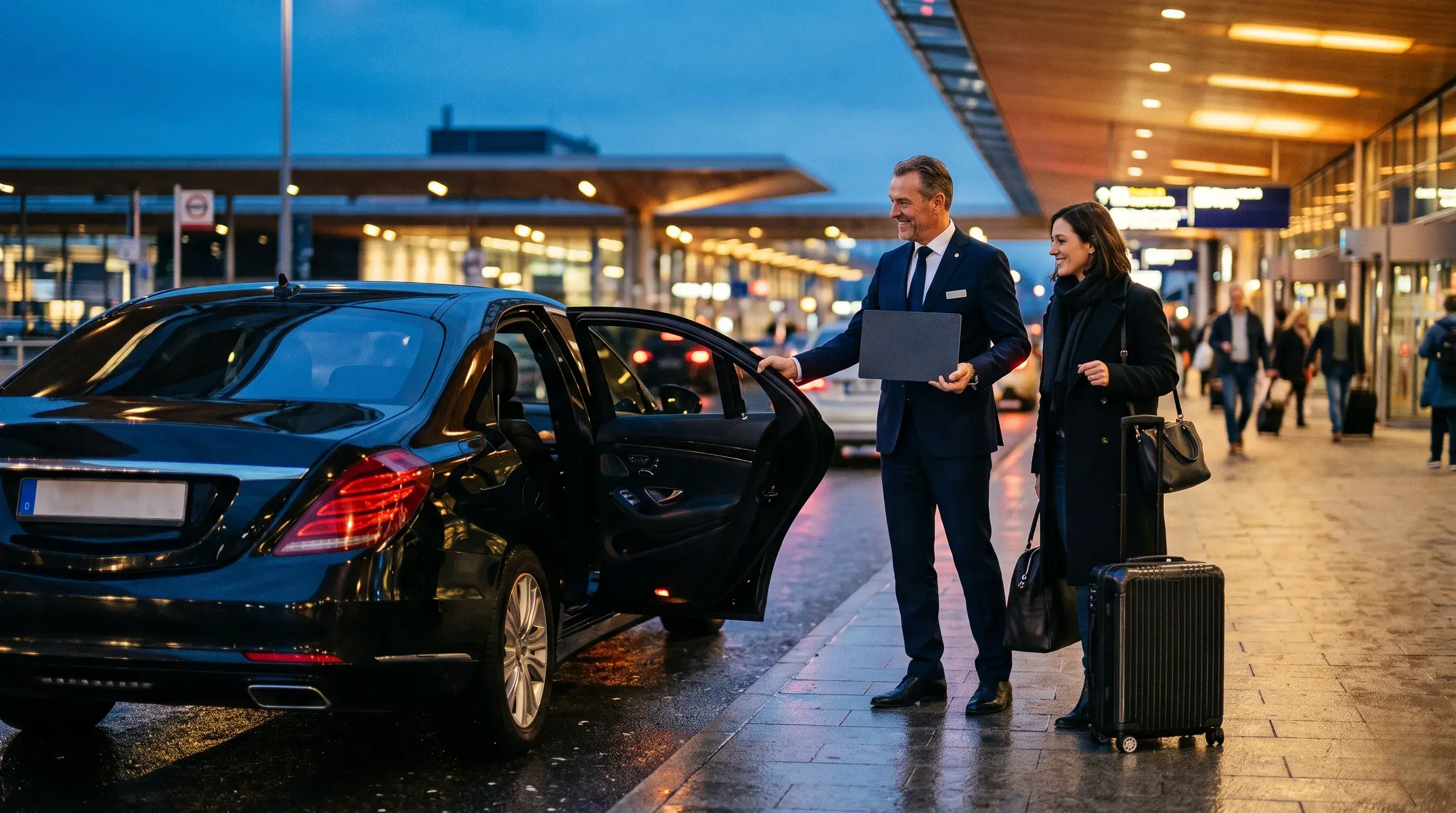 Chauffeur greeting a traveler with luggage at a terminal curb at dusk