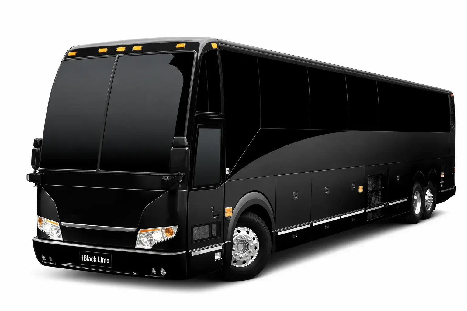 Black full-size luxury motor coach, front three-quarter studio view on white with iBlack Limo plate
