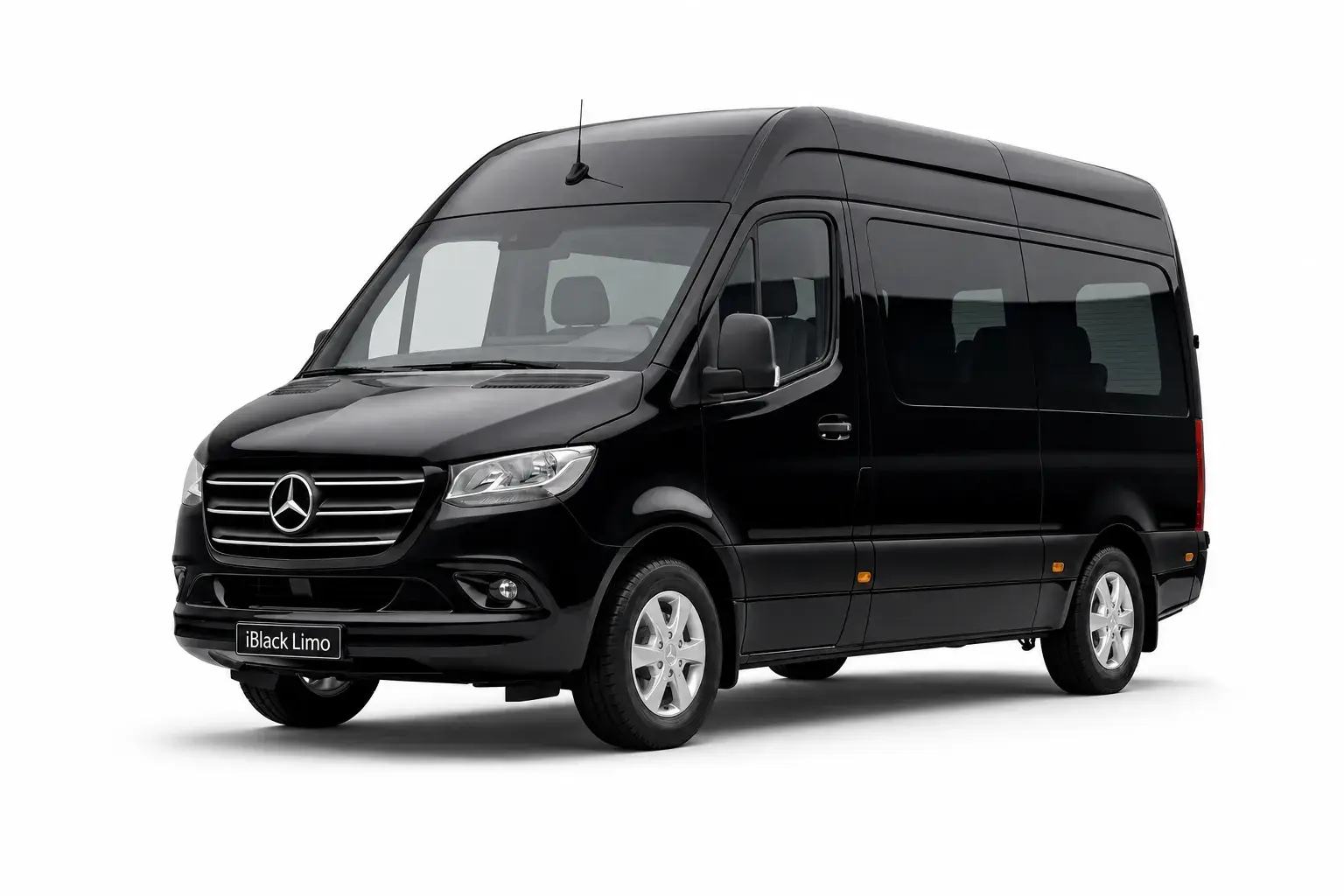 Black Mercedes-Benz Sprinter passenger van, front three-quarter studio view on white with iBlack Limo plate