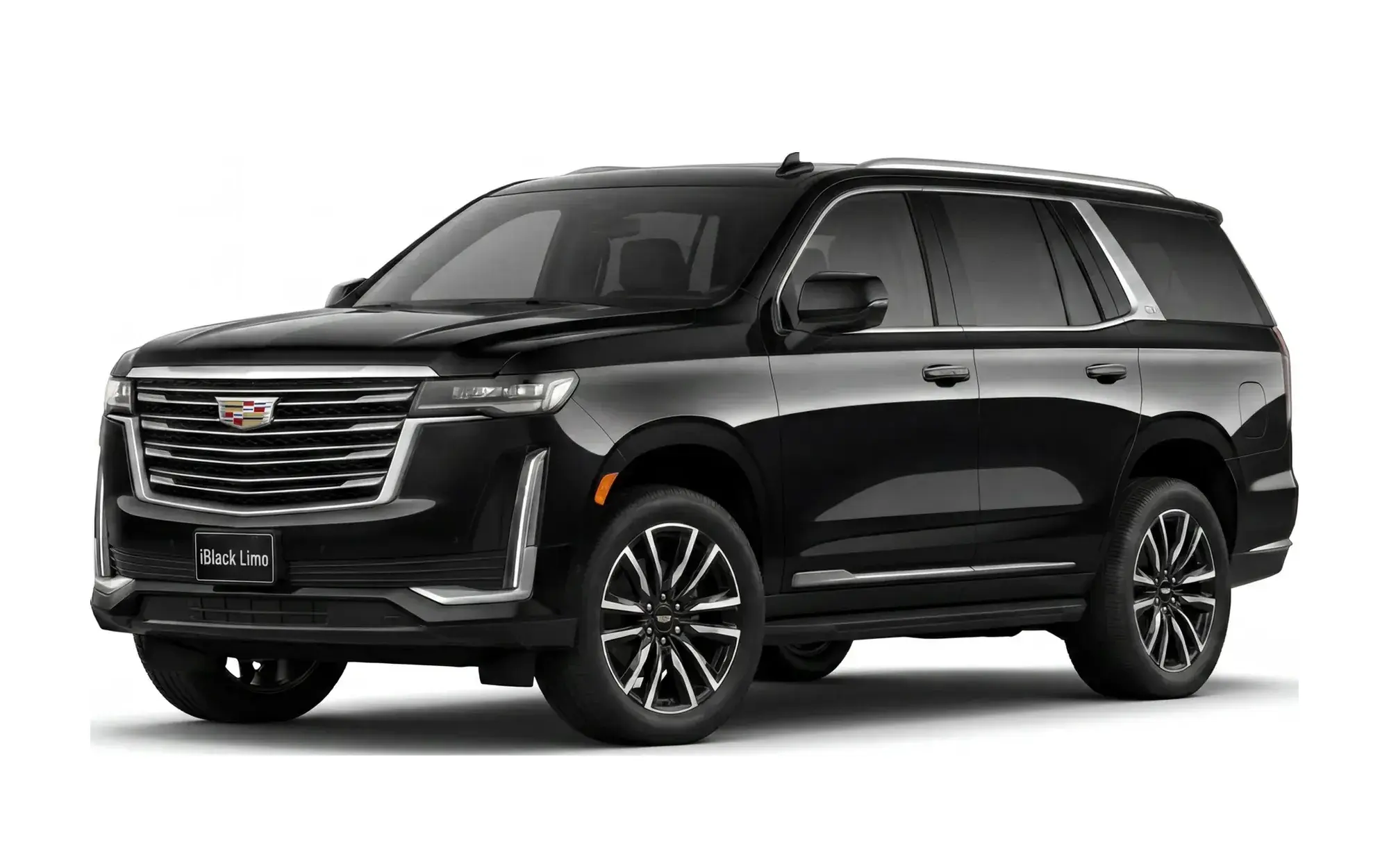Black Cadillac Escalade ESV luxury SUV, front three-quarter studio view on white with iBlack Limo front plate
