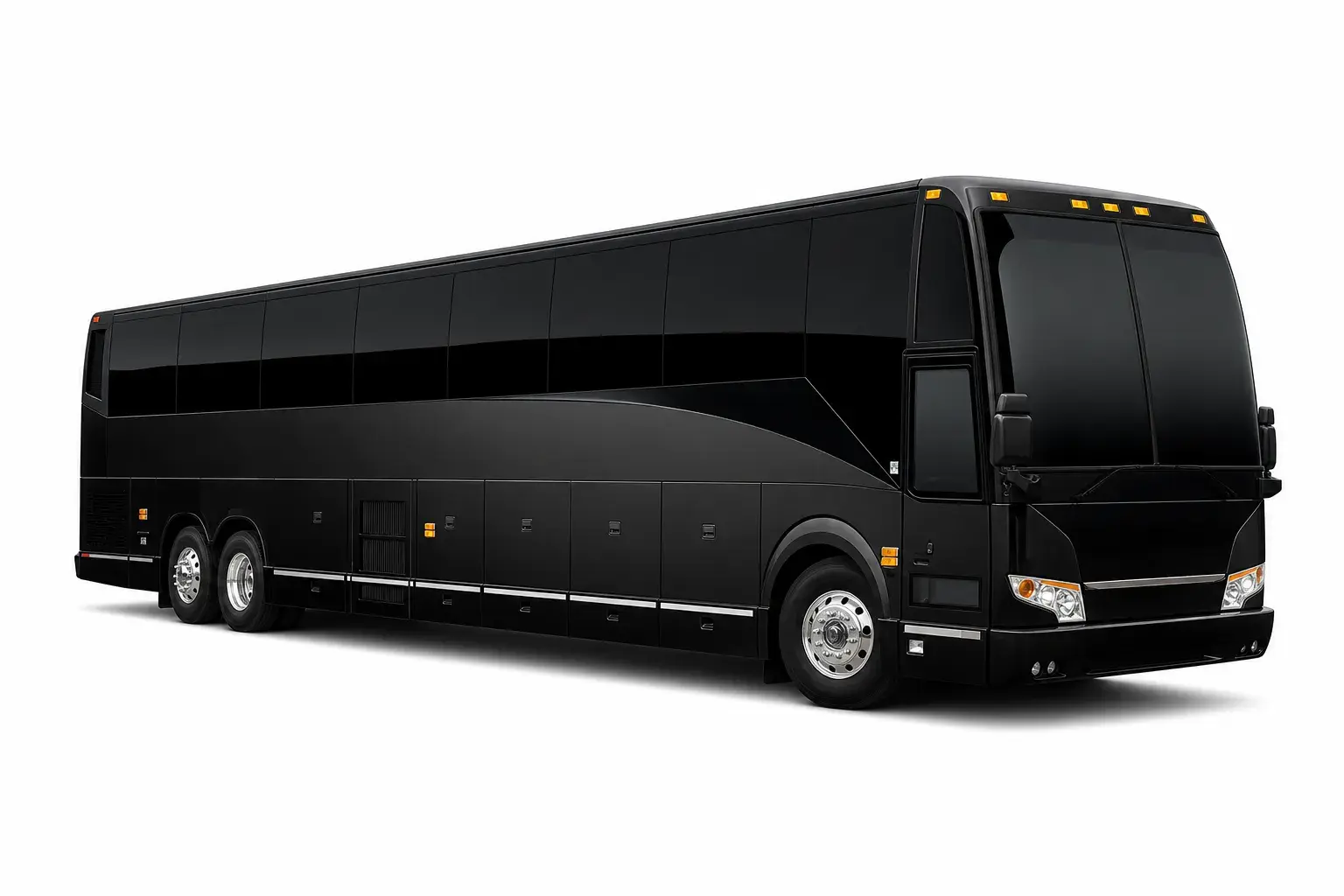 Black full-size luxury motor coach, angled side view on white, facing right
