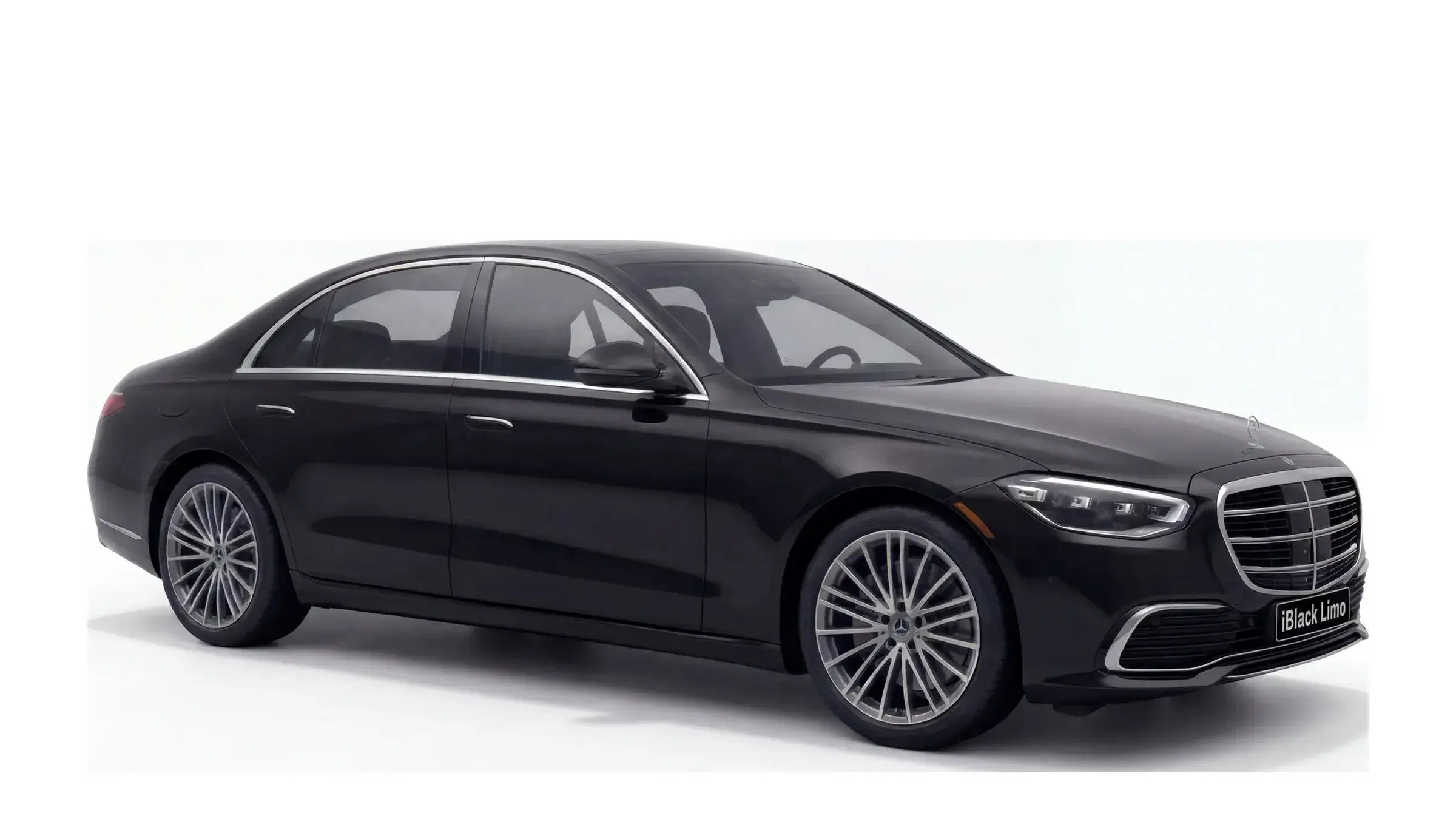 Black Mercedes-Benz S-Class flagship sedan, angled side view on white, facing right