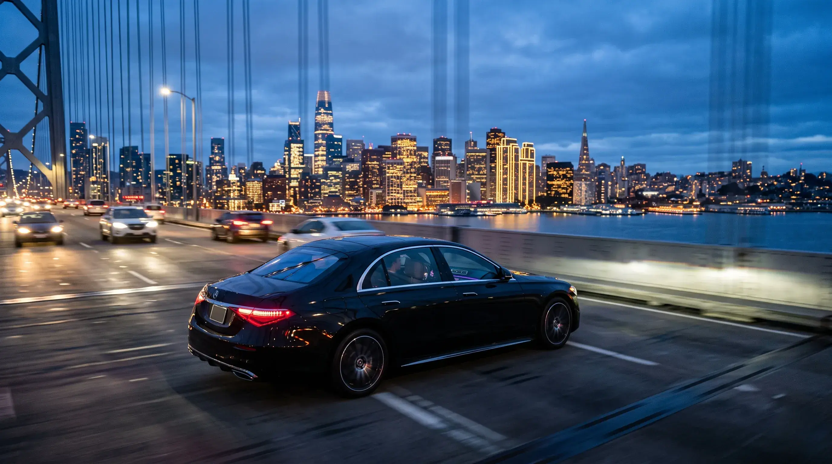 Black sedan crossing the San Francisco Bay Bridge at blue hour