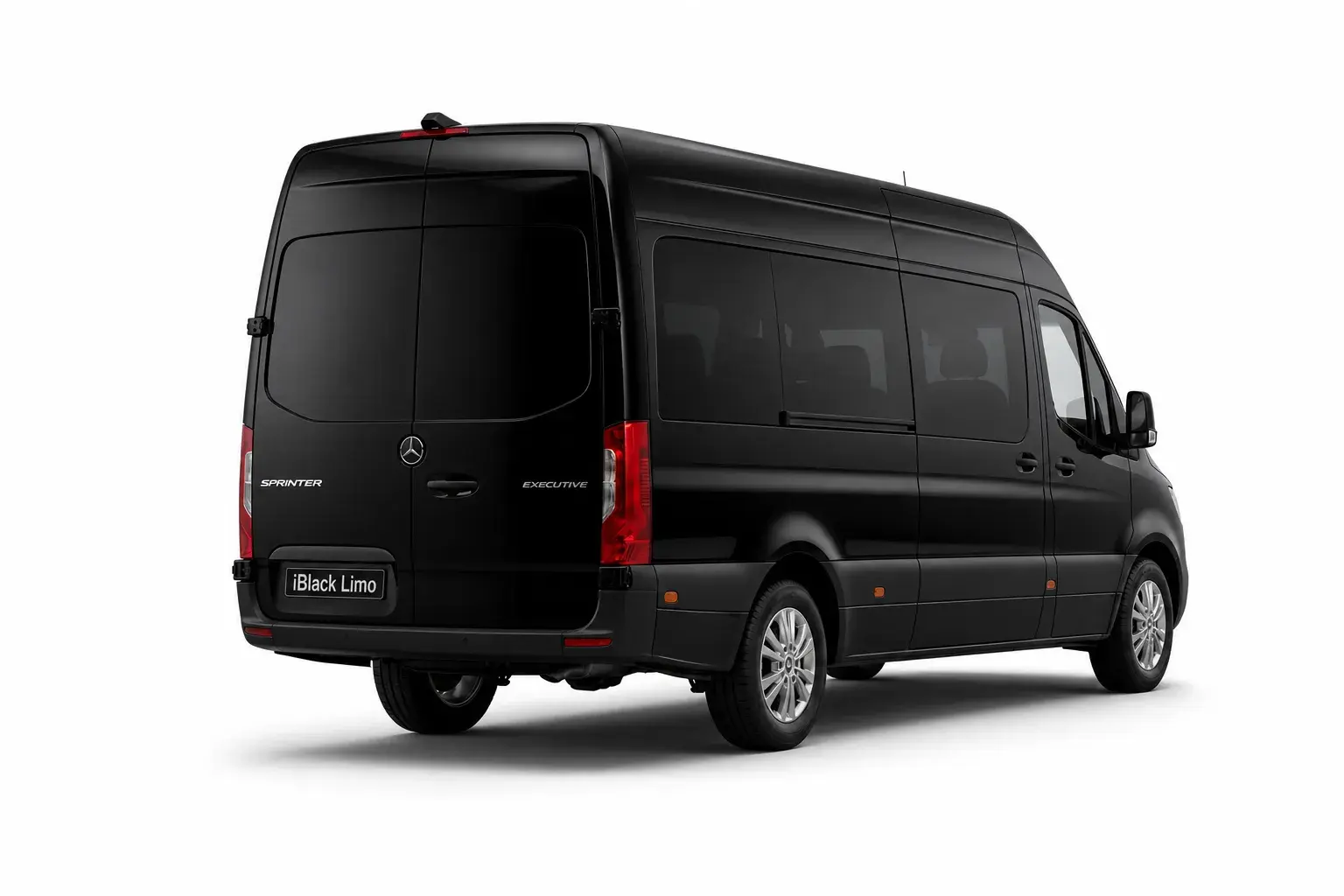 Black Mercedes-Benz Sprinter luxury van, rear three-quarter studio view on white