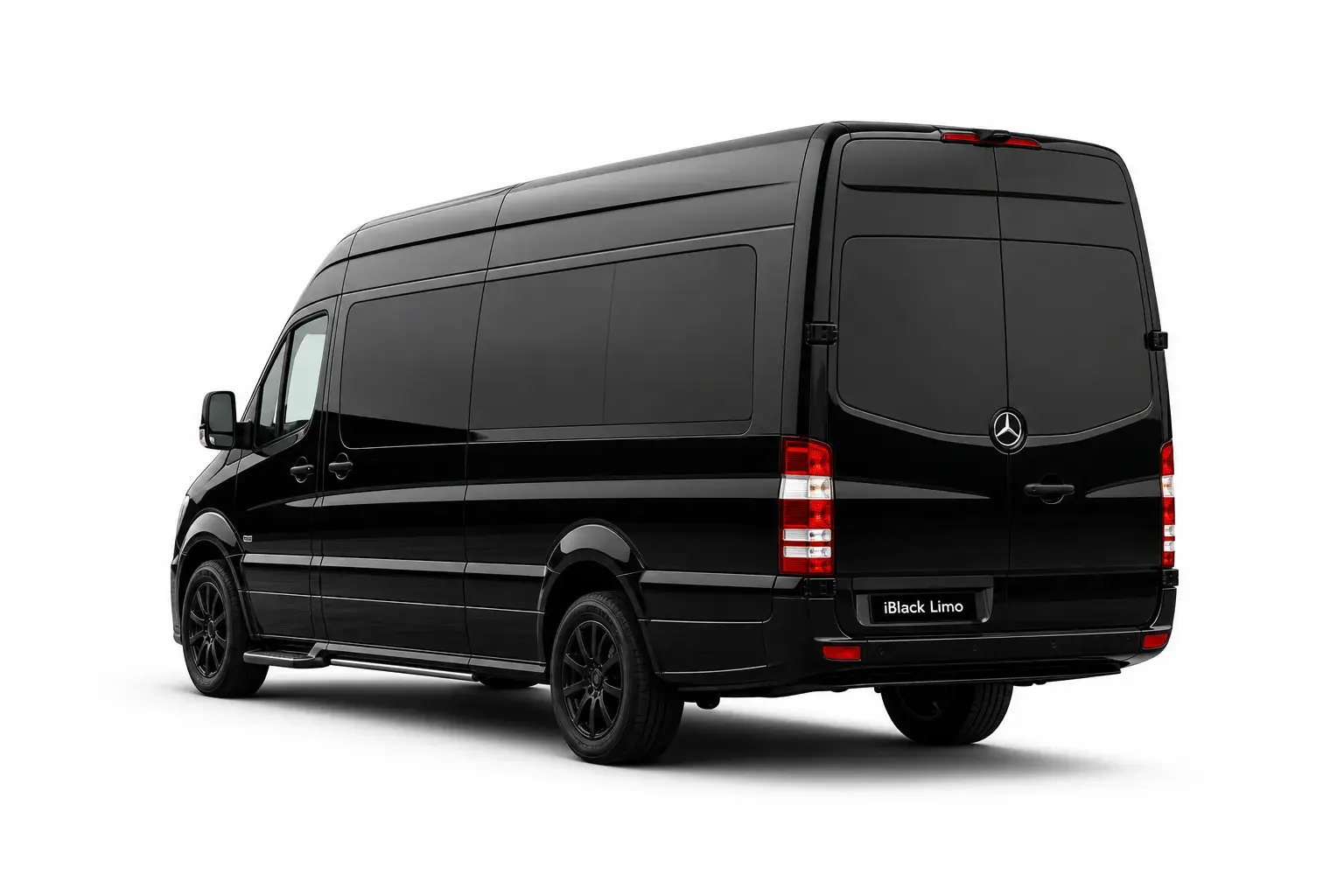 Black Mercedes-Benz Sprinter limousine van, rear three-quarter studio view on white