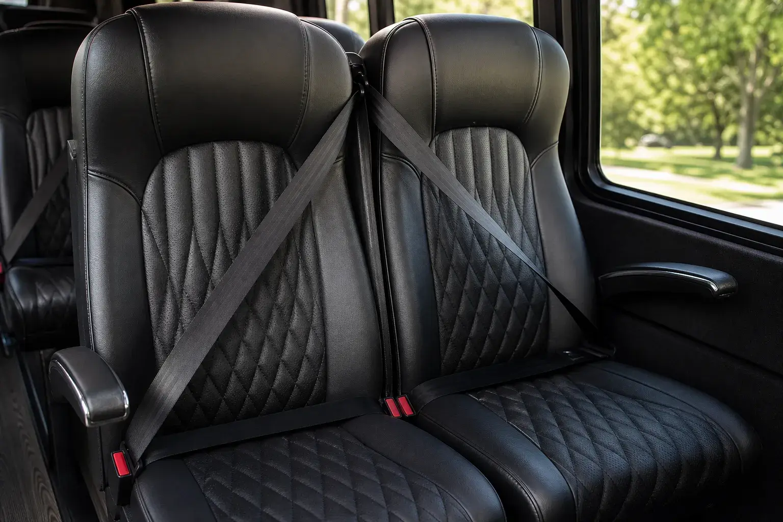 Luxury mini coach seating detail — quilted black leather with chrome armrest