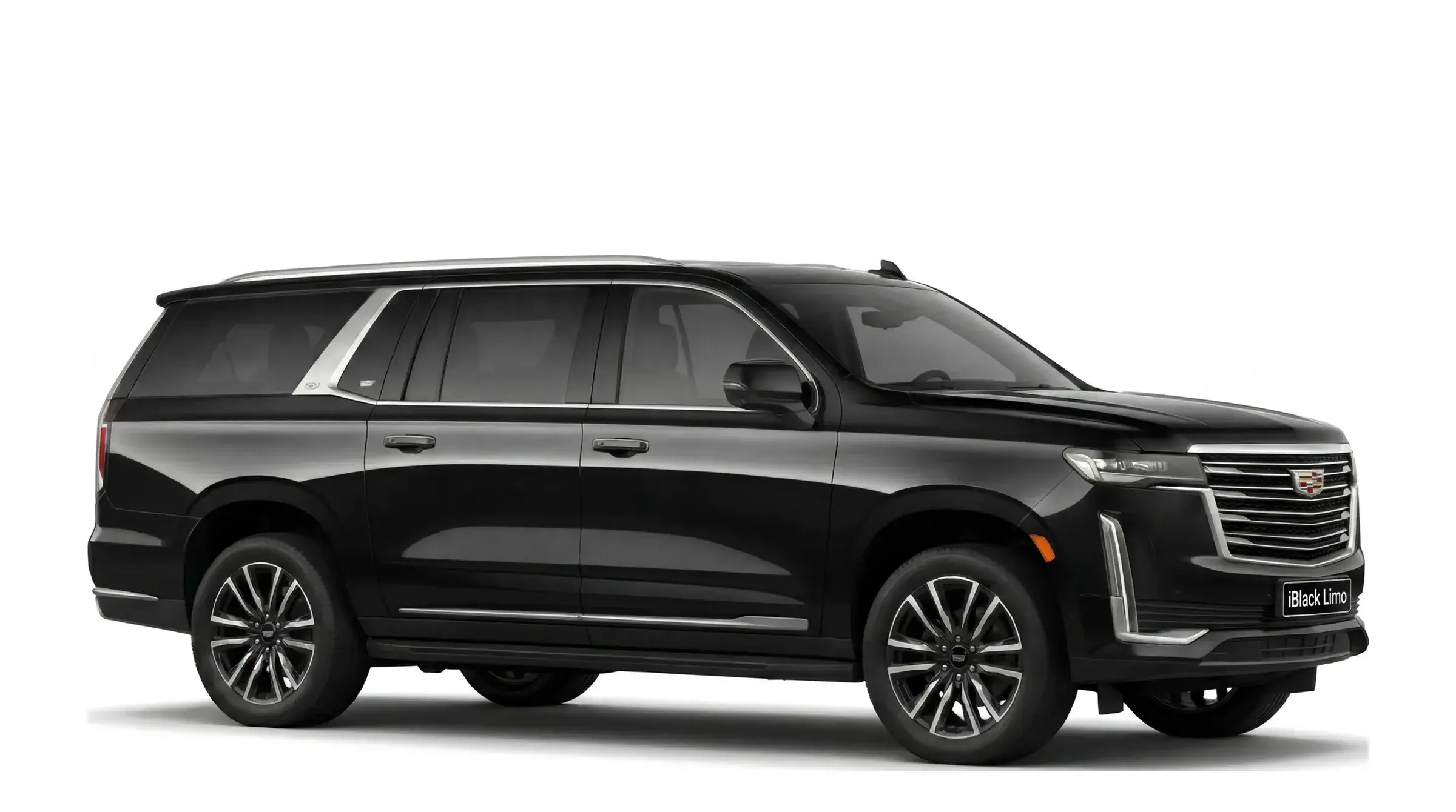 Black Cadillac Escalade ESV luxury SUV, angled side view on white, facing right