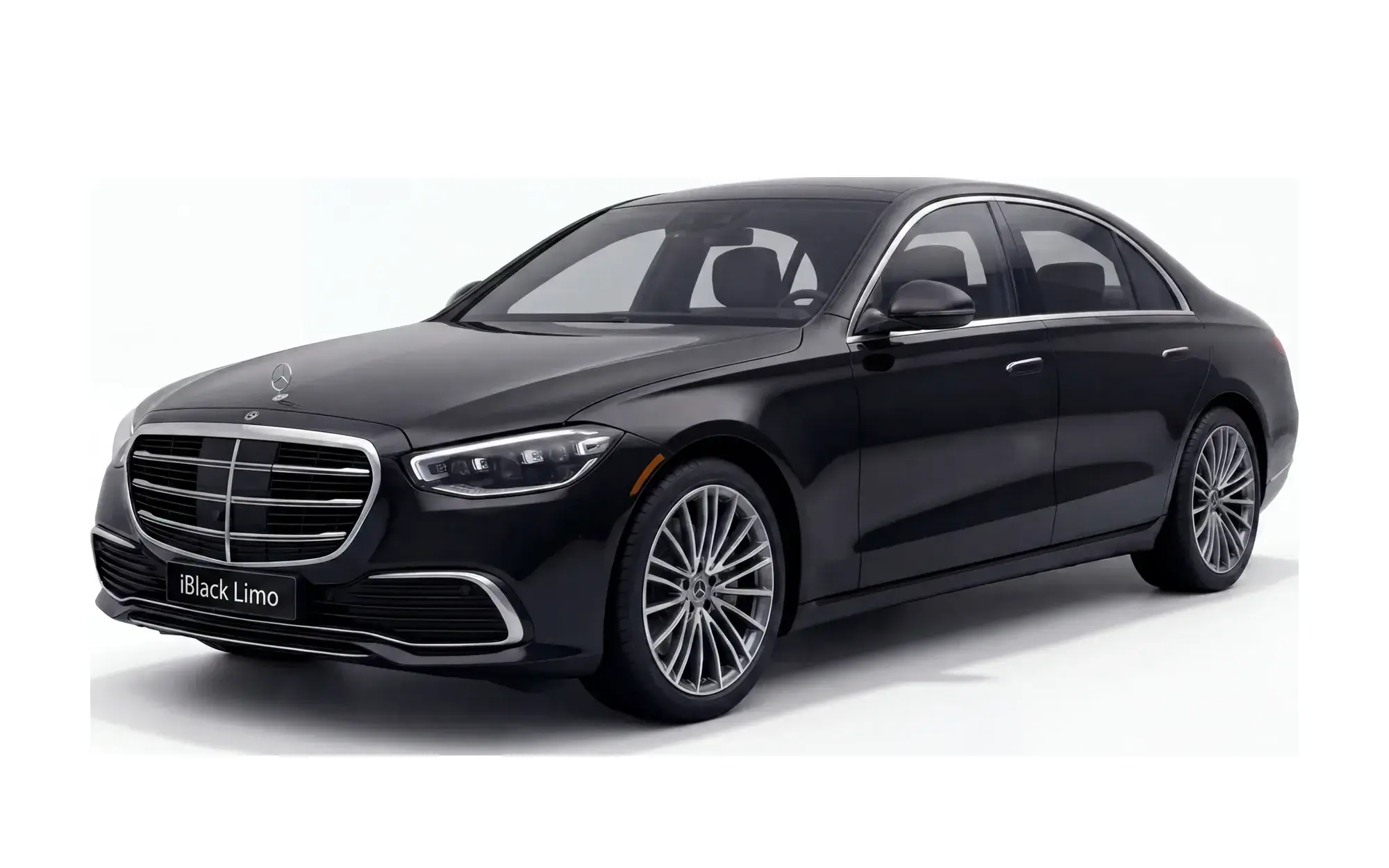 Black Mercedes-Benz S-Class flagship sedan, front three-quarter studio view on white