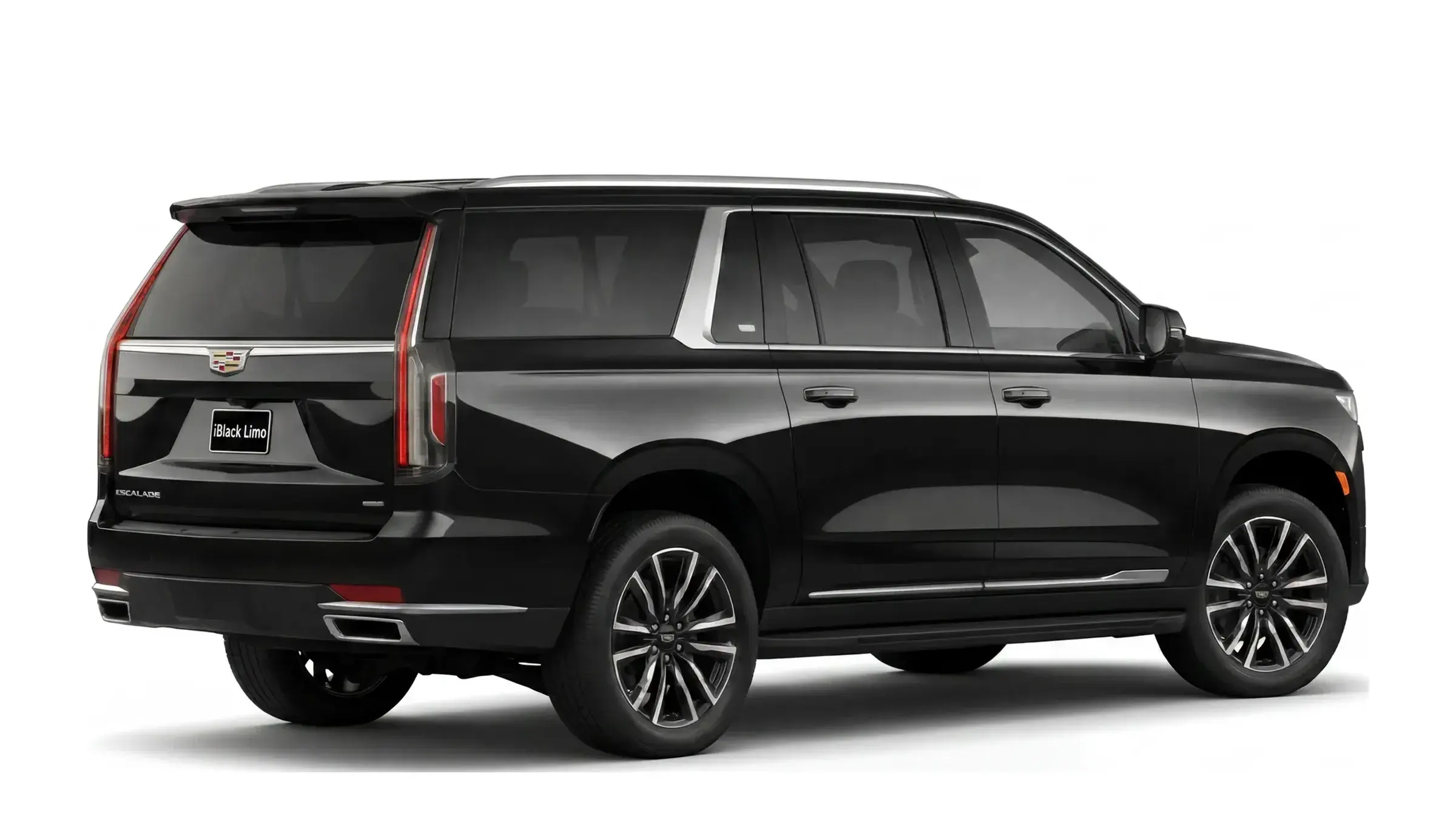 Black Cadillac Escalade ESV luxury SUV, rear three-quarter studio view on white