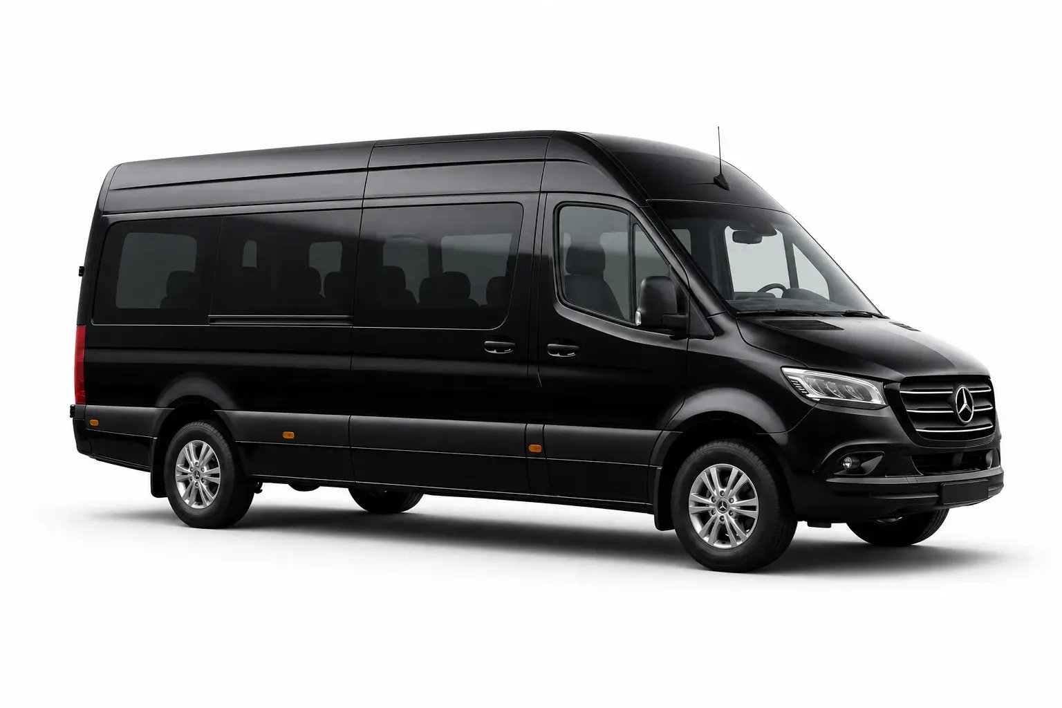 Black Mercedes-Benz Sprinter luxury van, angled side view on white, facing right