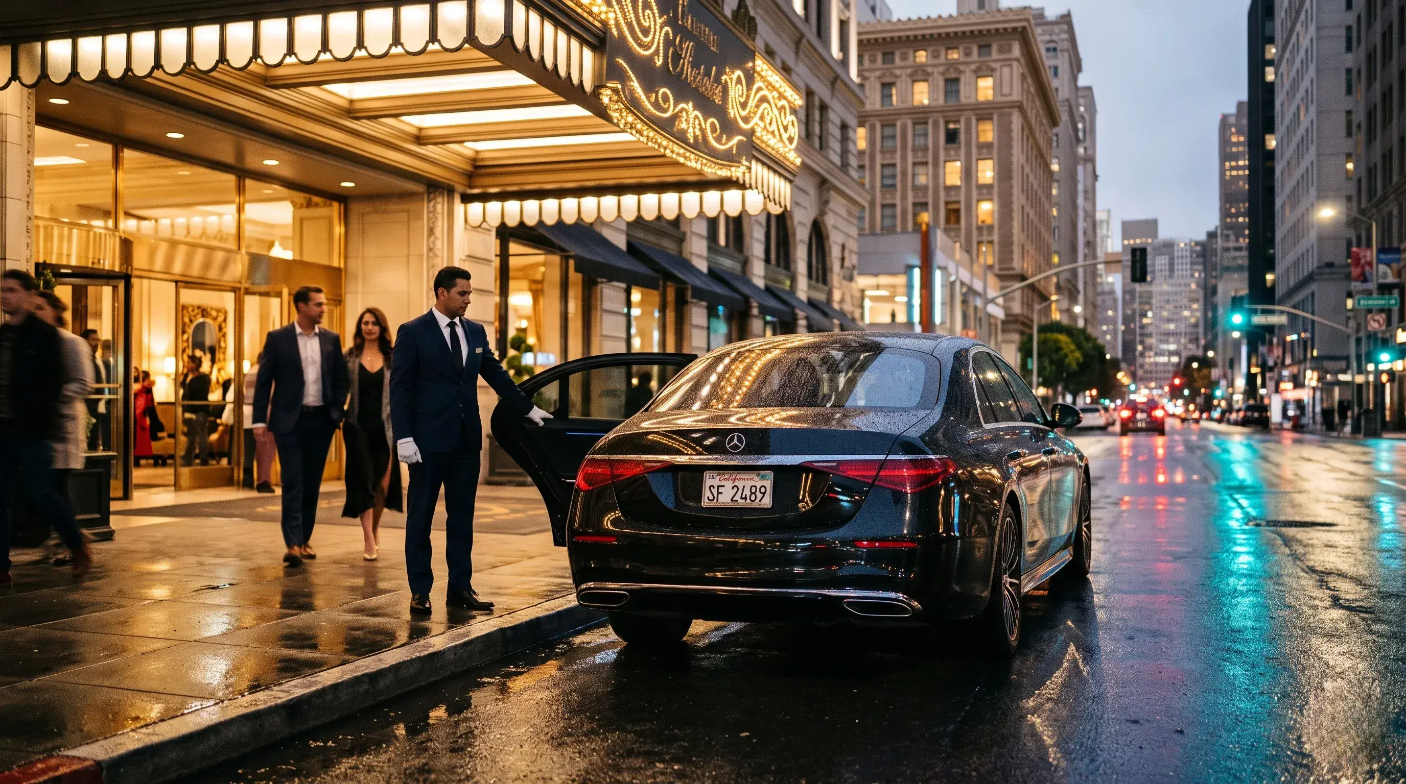 Black sedan at an upscale hotel entrance at night