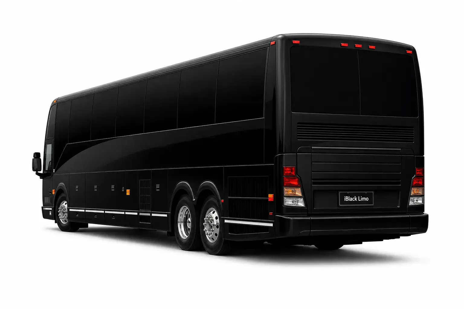 Black full-size luxury motor coach, rear three-quarter studio view on white
