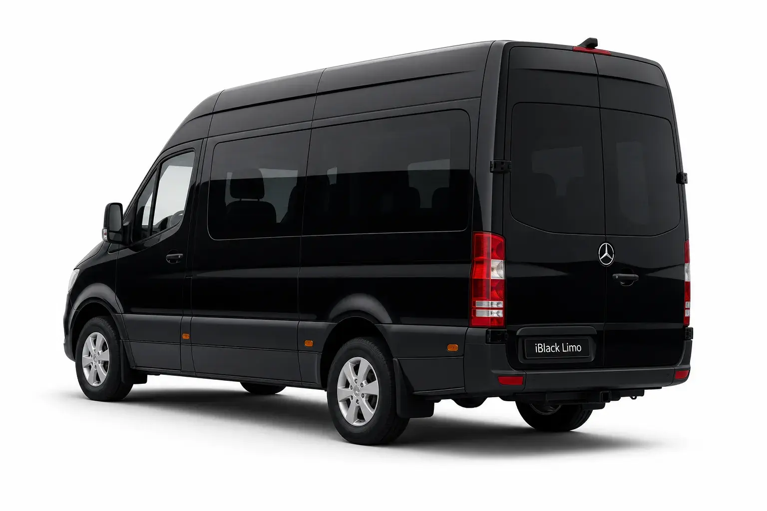 Black Mercedes-Benz Sprinter passenger van, rear three-quarter studio view on white