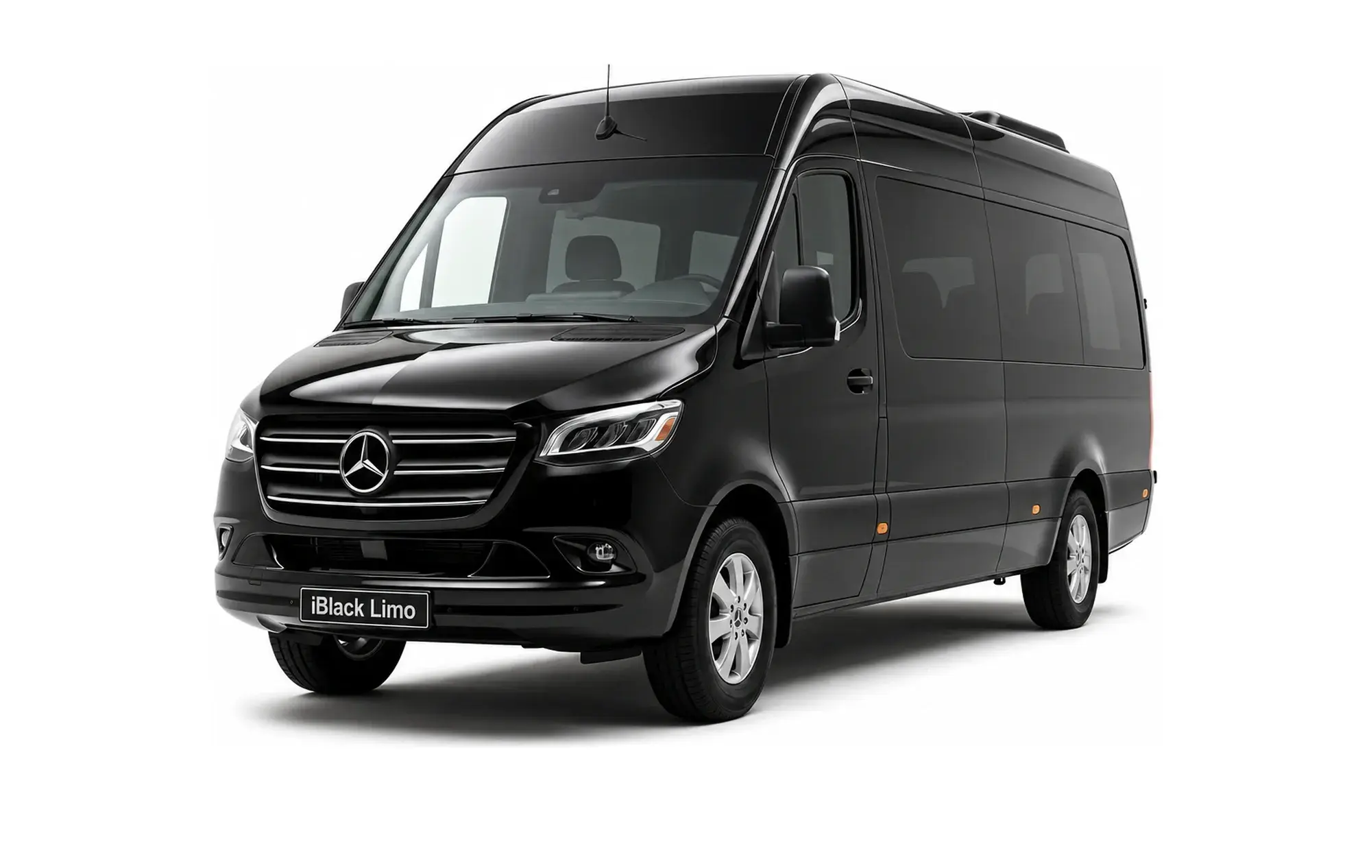 Black Mercedes-Benz Sprinter luxury van, front three-quarter studio view on white with iBlack Limo plate