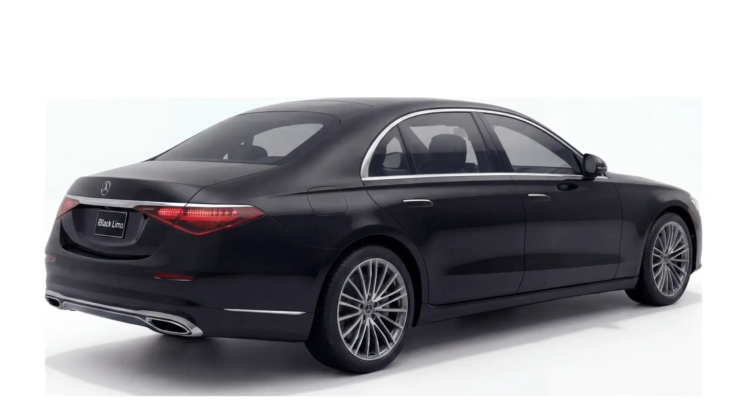 Black Mercedes-Benz S-Class flagship sedan, rear three-quarter studio view on white