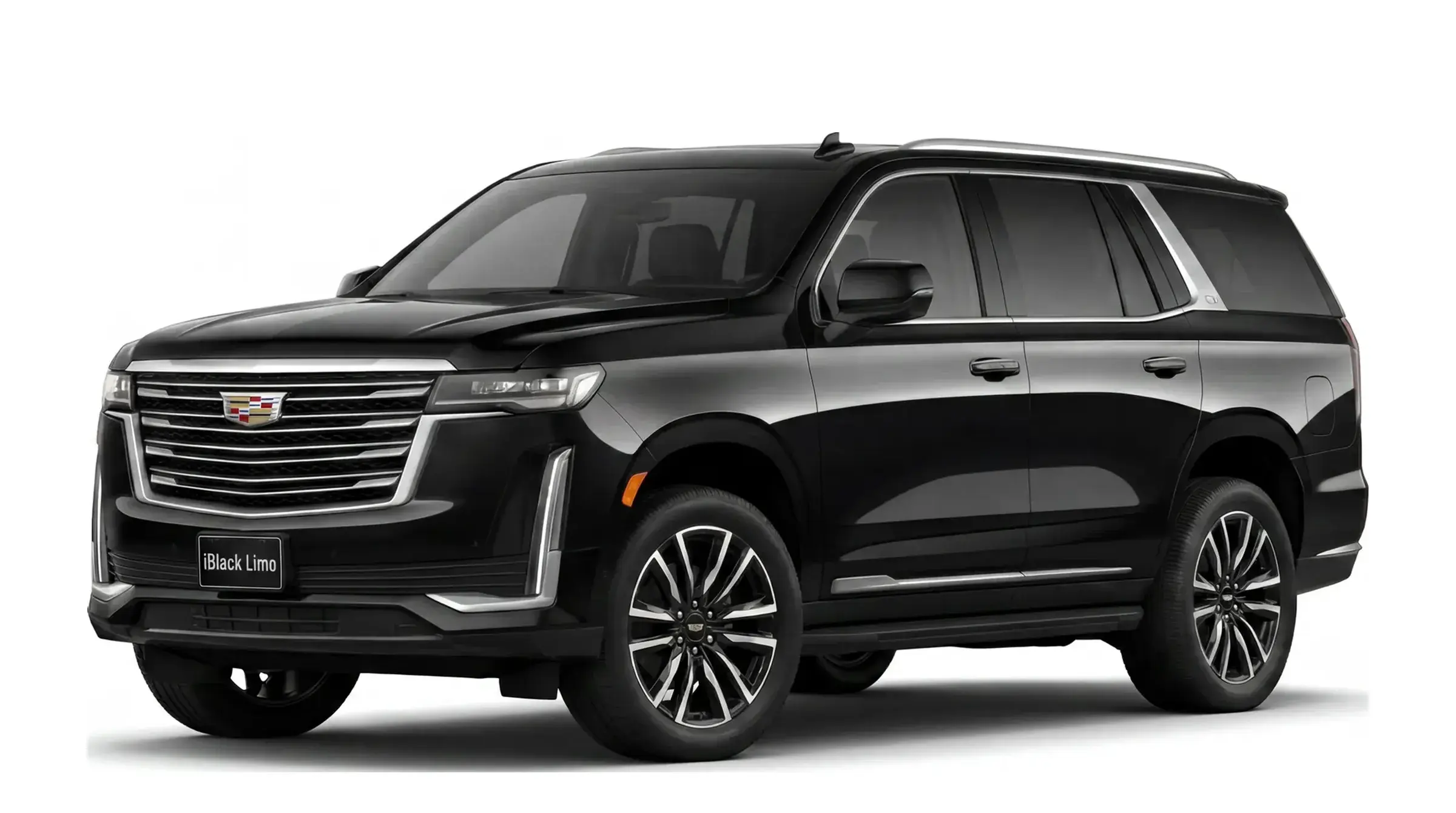 Black Cadillac Escalade ESV luxury SUV, front three-quarter studio view on white with iBlack Limo front plate