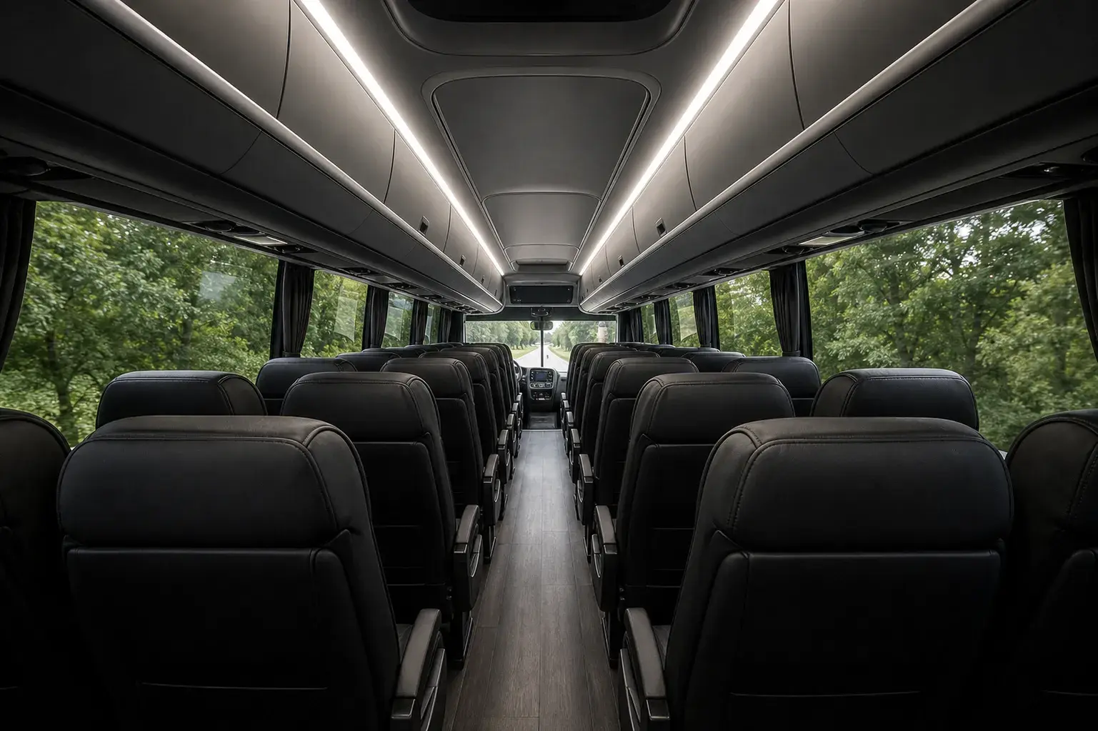 full-size luxury motor coach seat detail — black leather