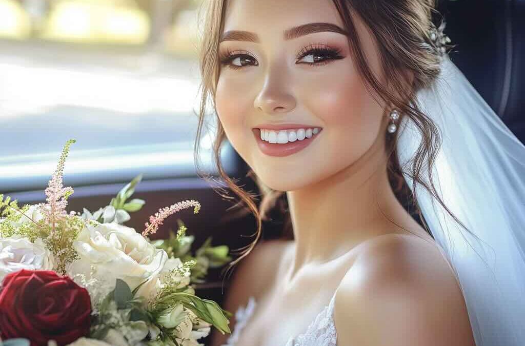 Young newlywed sitting in the backseat of a limousine